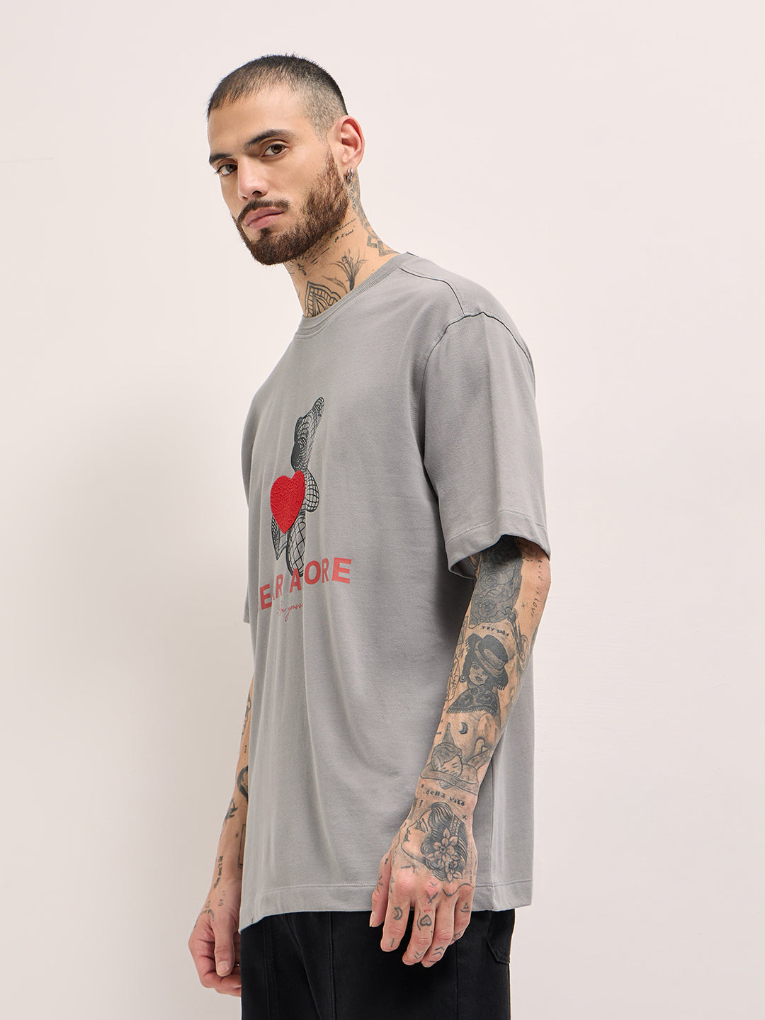 Men Grey Printed Oversized T-shirt