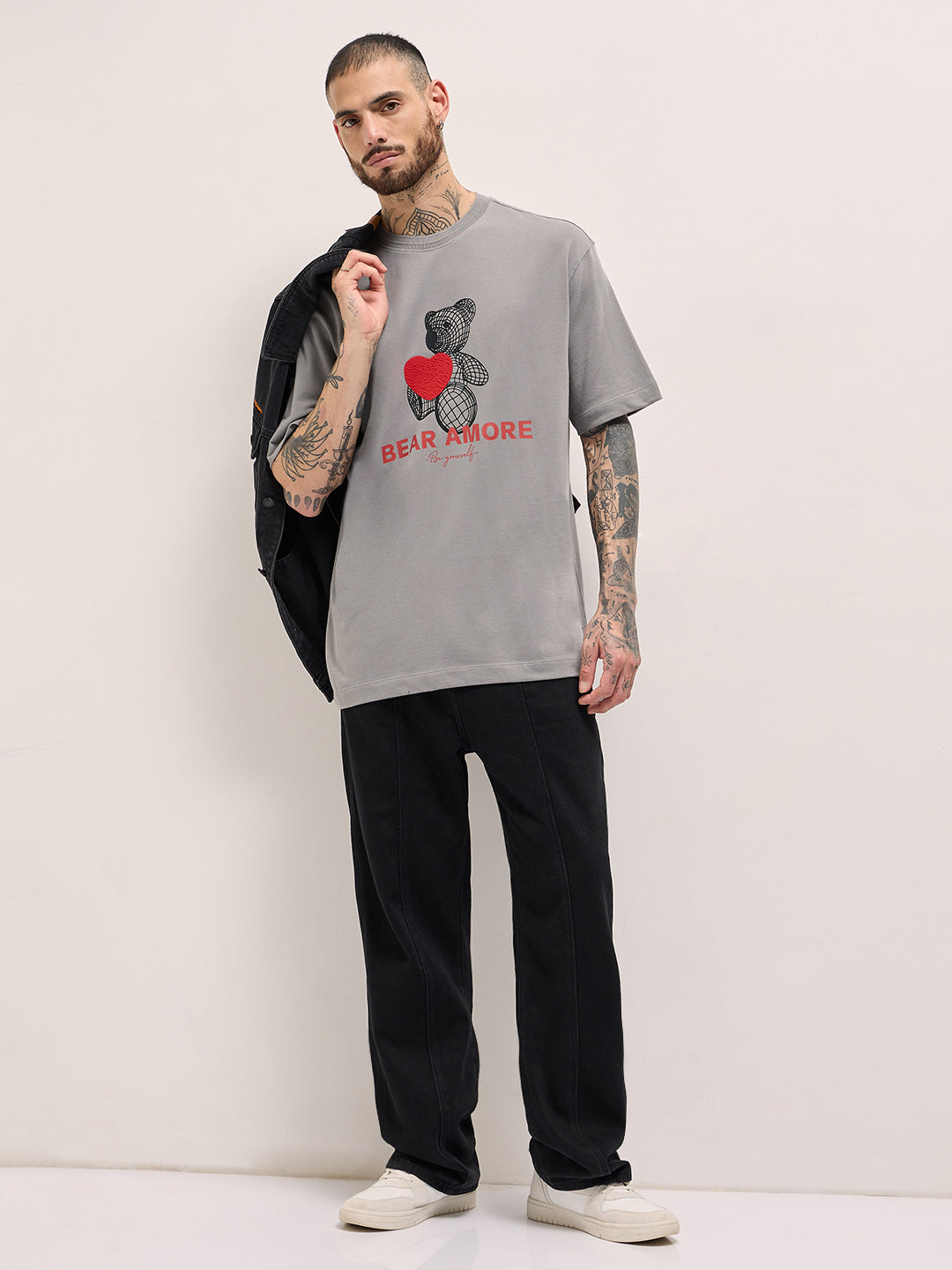 Men Grey Printed Oversized T-shirt