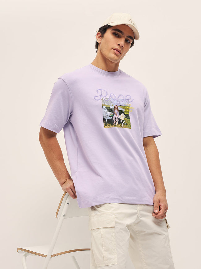 Men Purple 3D graphic Design Crew Neck Oversize T-Shirt