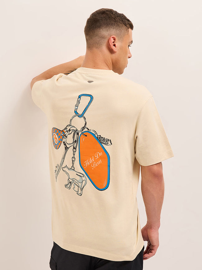 Men Beige Graphic Cotton Crew Neck T-Shirt