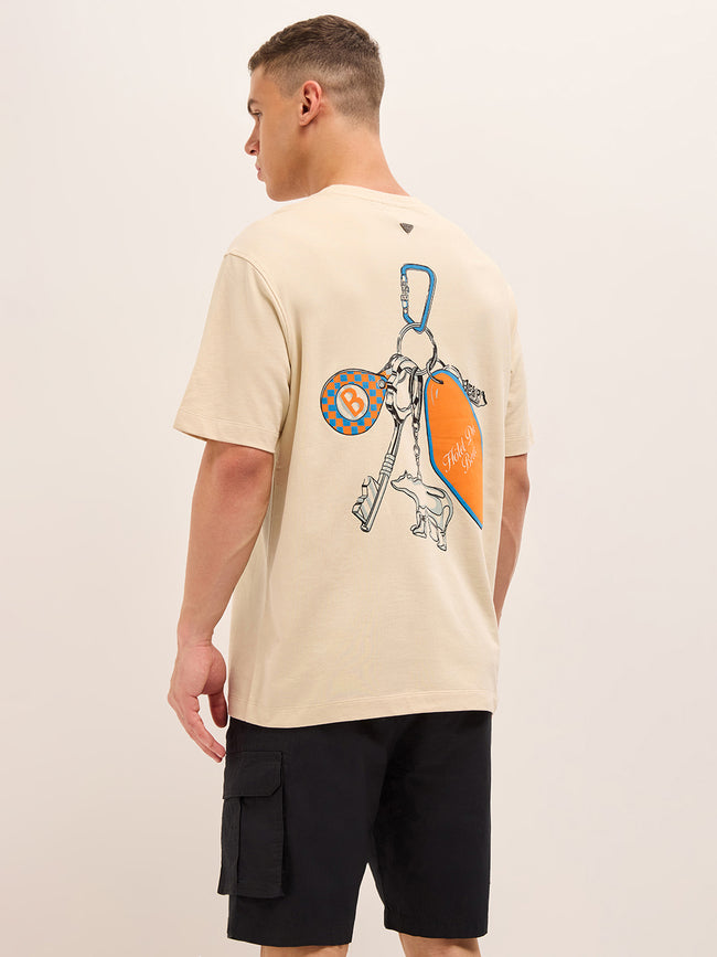 Men Beige Graphic Cotton Crew Neck T-Shirt