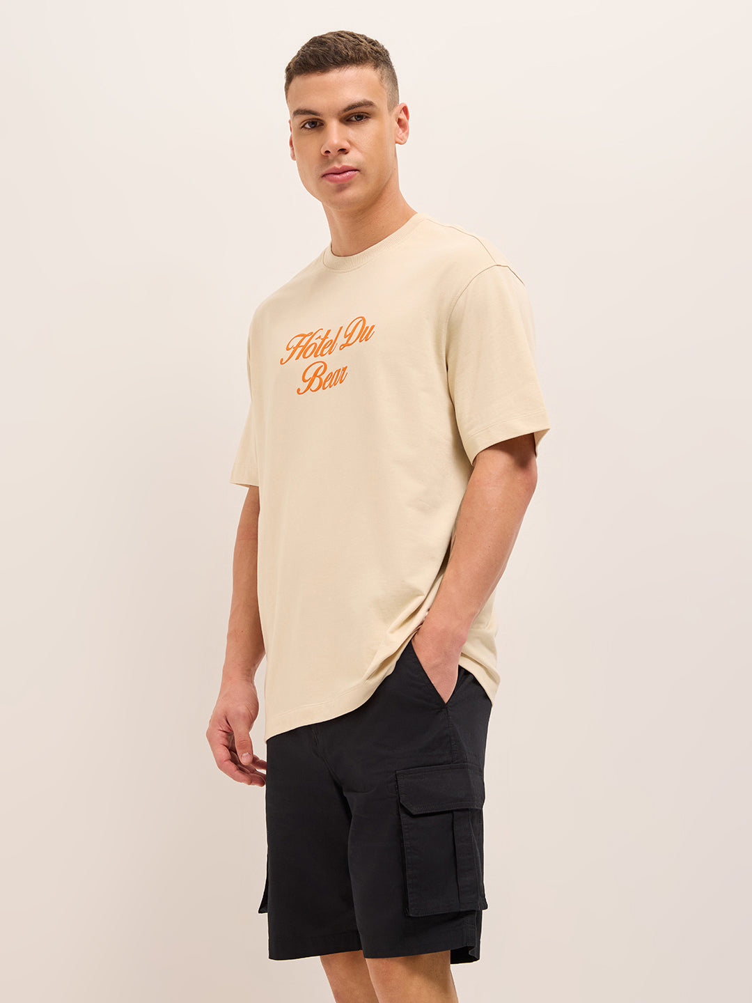 Men Beige Graphic Cotton Crew Neck T-Shirt