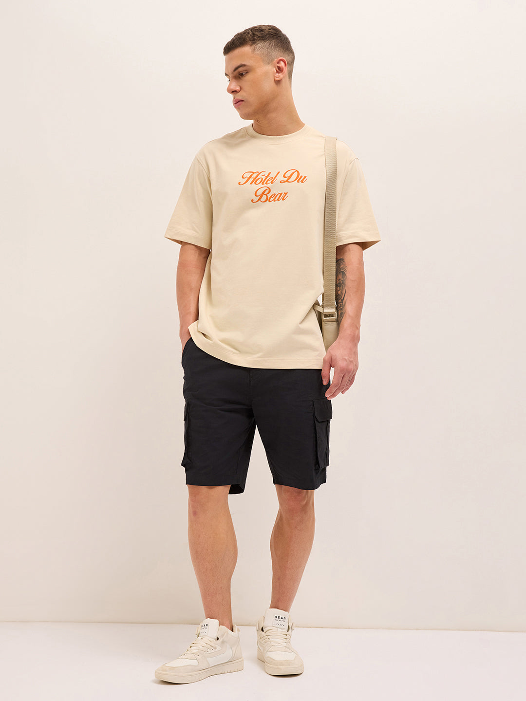 Men Beige Graphic Cotton Crew Neck T-Shirt