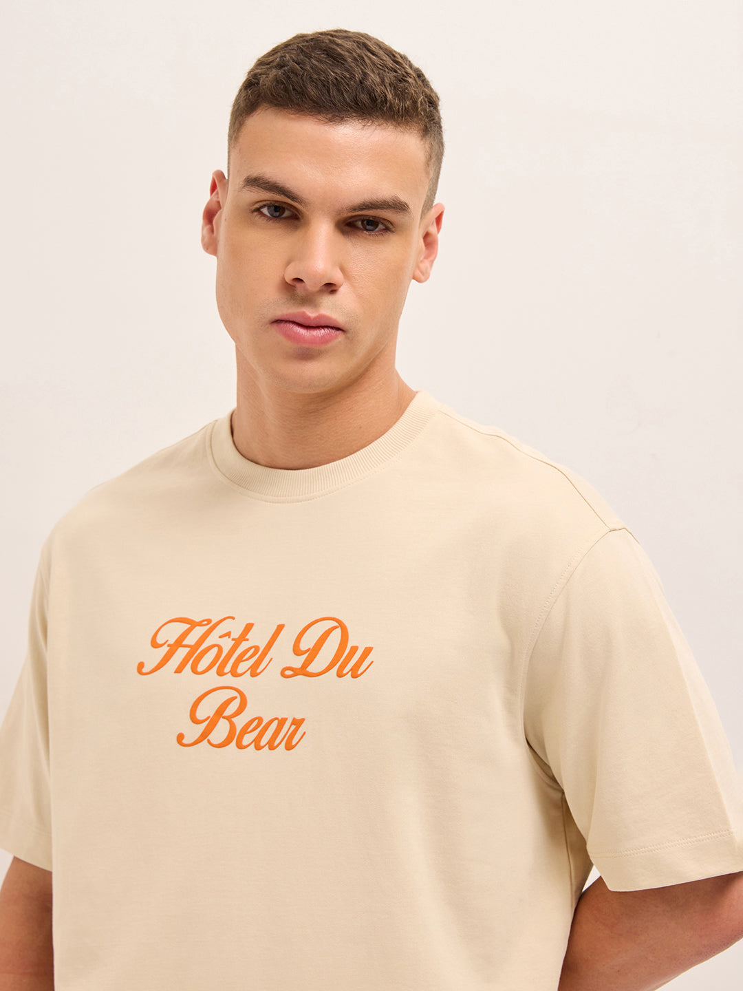 Men Beige Graphic Cotton Crew Neck T-Shirt