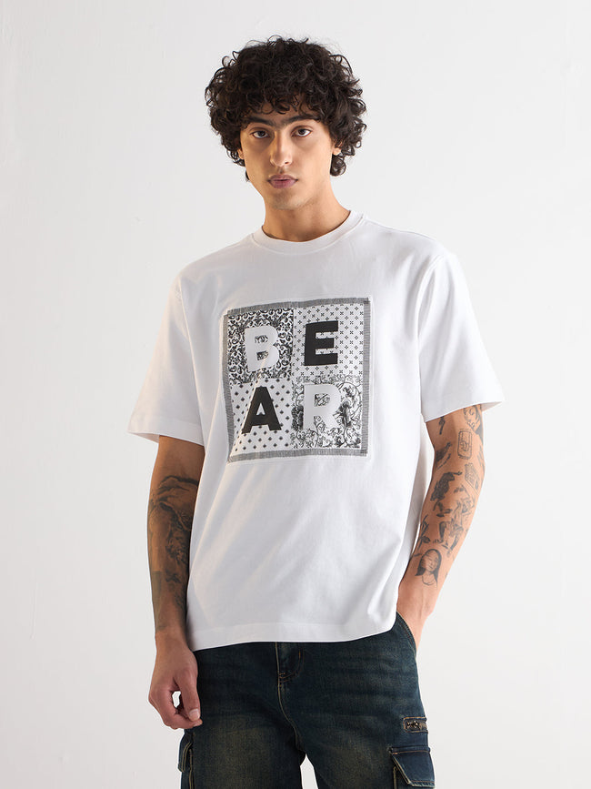 Men White Oversize Patchwork Graphic Print Crew Neck T-shirt