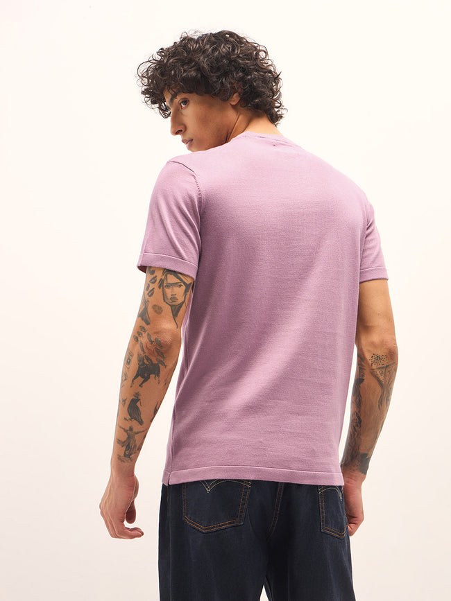 Men Light Purple Solid Regular Fit Ribbed Crew Neck T-shirt