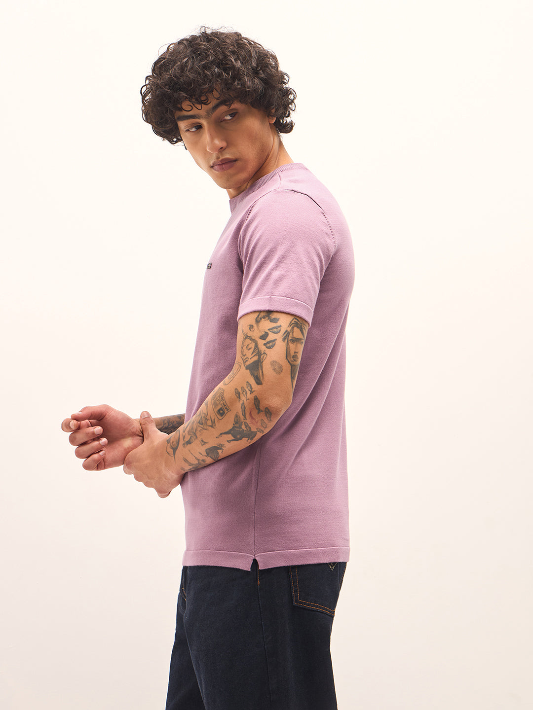Men Light Purple Solid Regular Fit Ribbed Crew Neck T-shirt