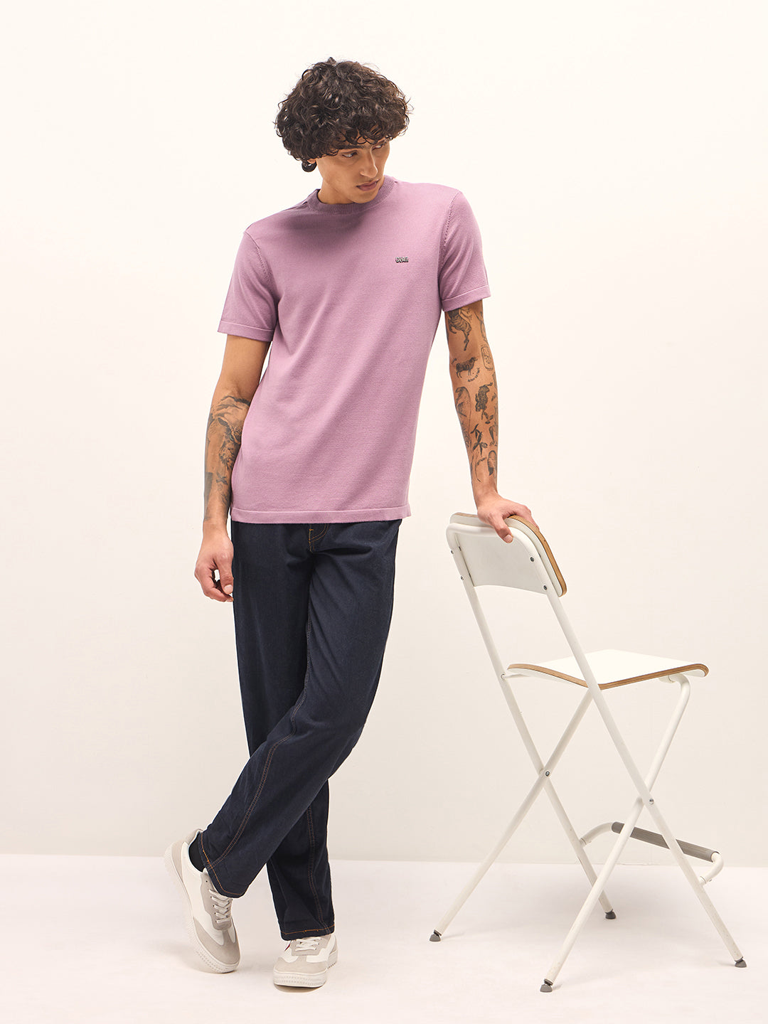 Men Light Purple Solid Regular Fit Ribbed Crew Neck T-shirt