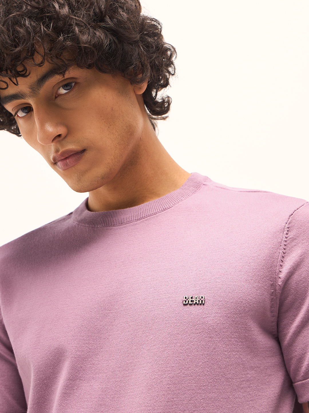 Men Light Purple Solid Regular Fit Ribbed Crew Neck T-shirt