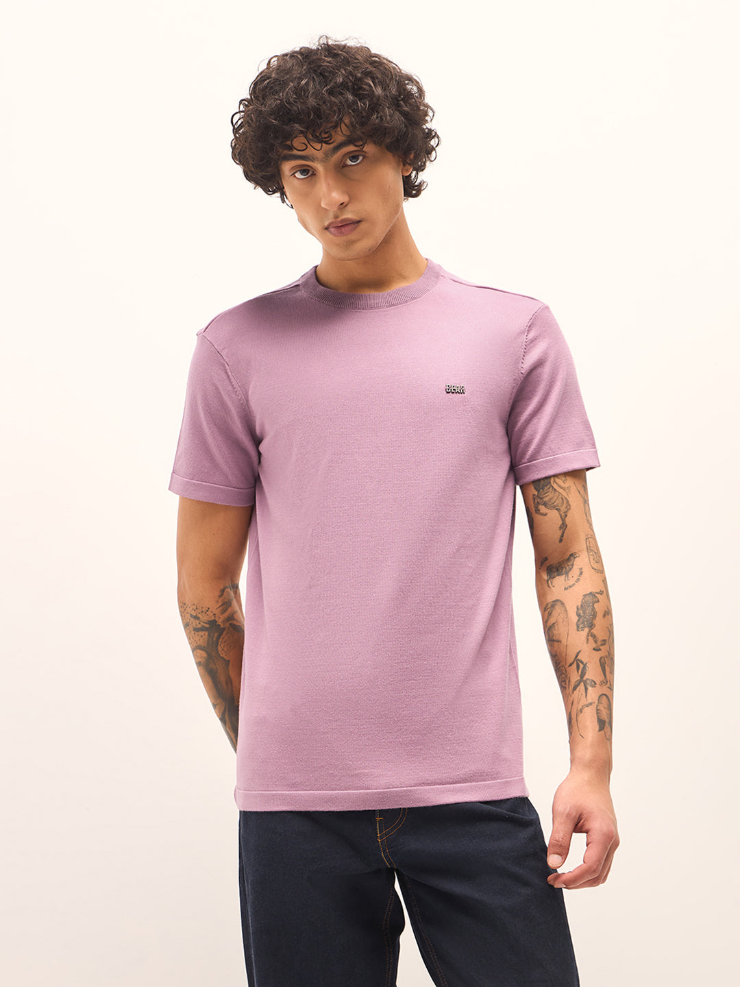 Men Light Purple Solid Regular Fit Ribbed Crew Neck T-shirt