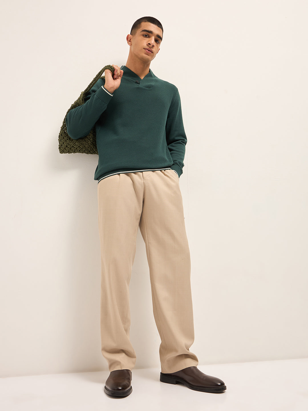 Men Green Textured Slim Fit Full Sleeve T-shirt