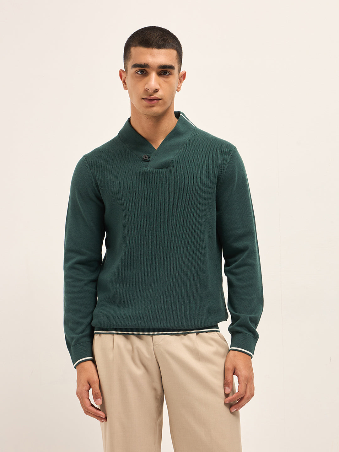 Men Green Textured Slim Fit Full Sleeve T-shirt