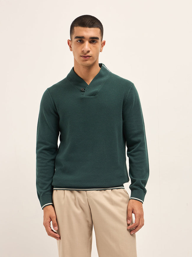 Men Green Textured Slim Fit Full Sleeve T-shirt