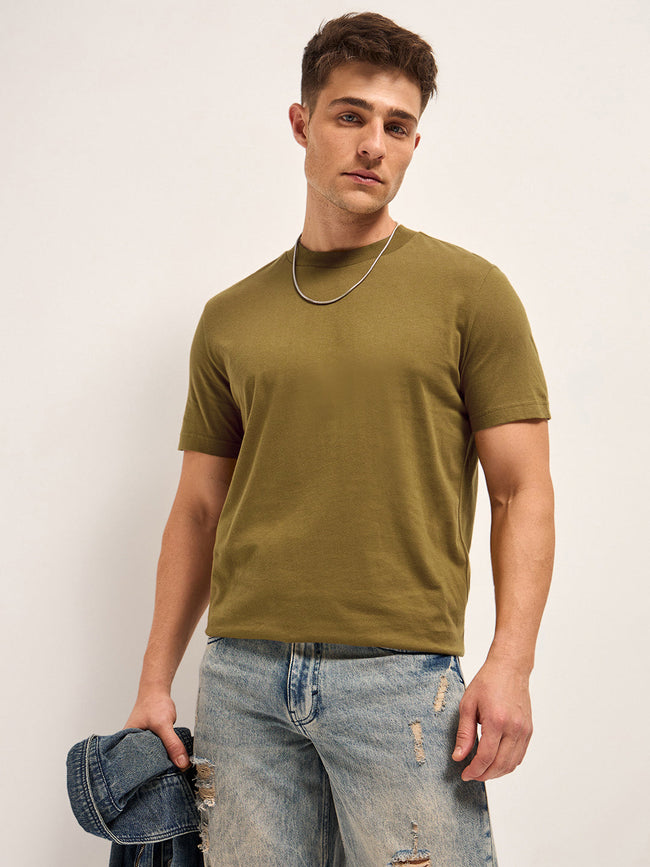 Men Olive Solid Crew Neck Regular Fit T-Shirt