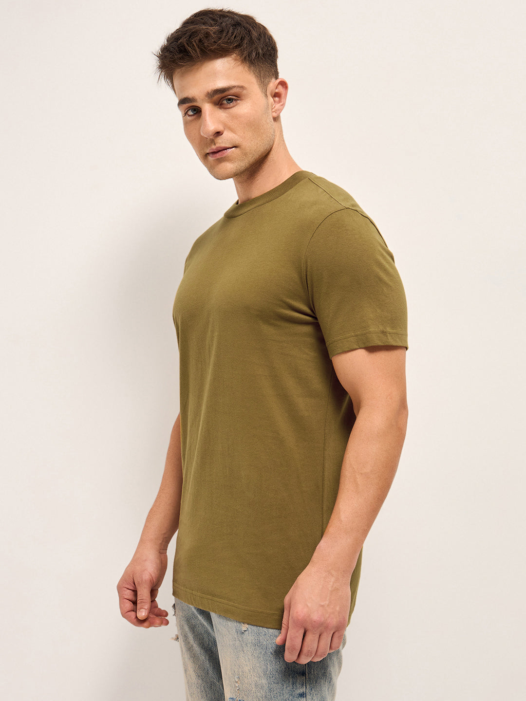 Men Olive Solid Crew Neck Regular Fit T-Shirt