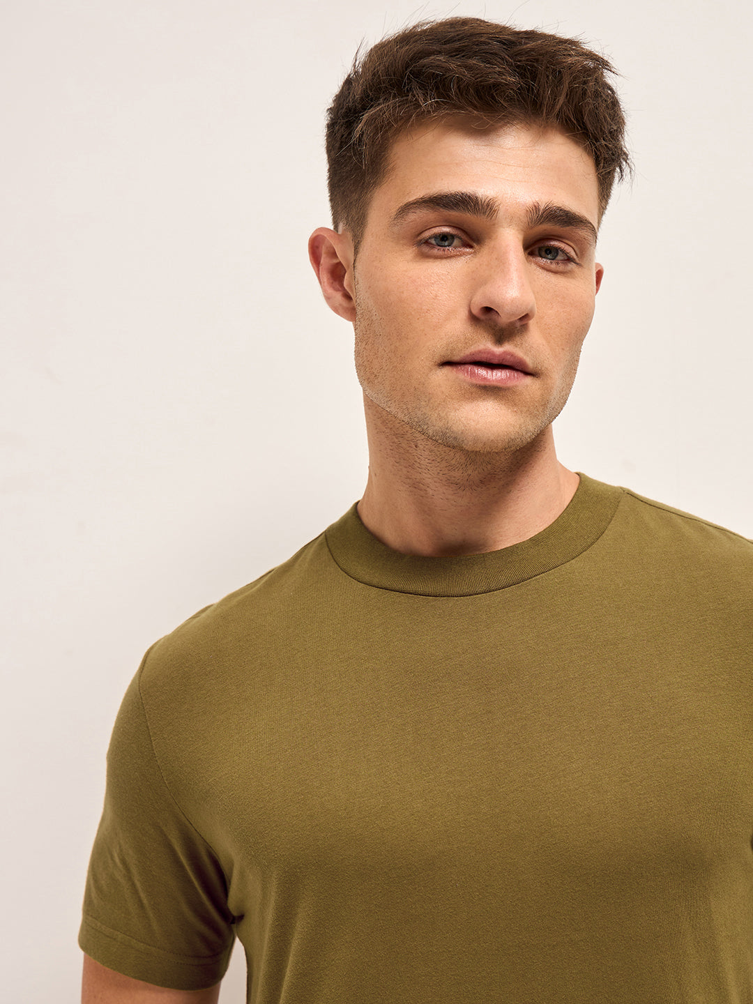 Men Olive Solid Crew Neck Regular Fit T-Shirt