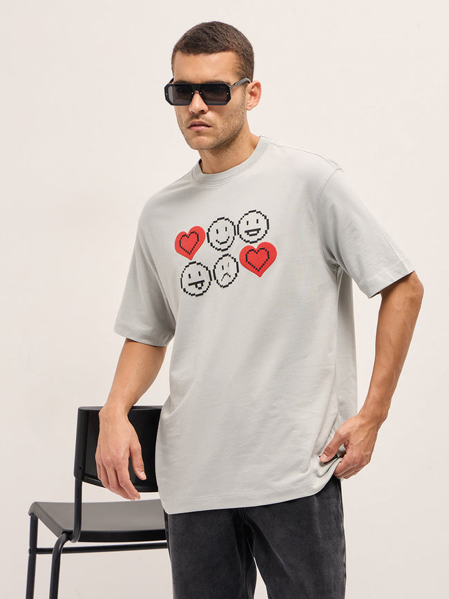 Men Grey Printed Oversized Crew Neck T-shirt