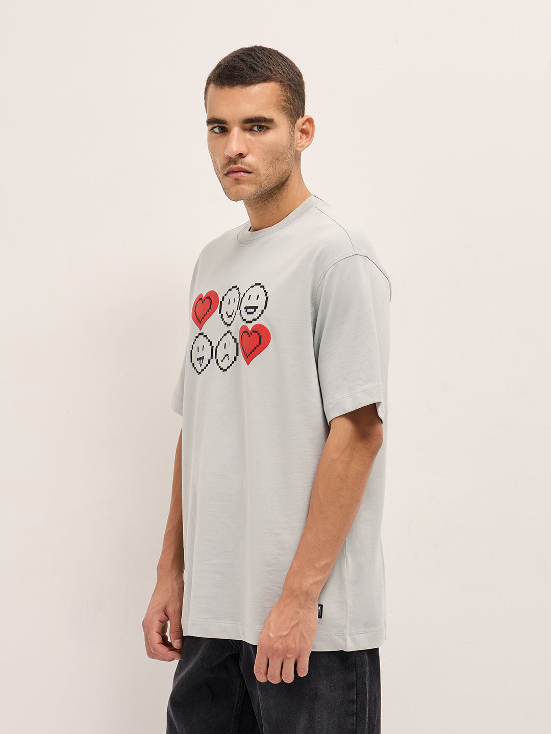 Men Grey Printed Oversized Crew Neck T-shirt