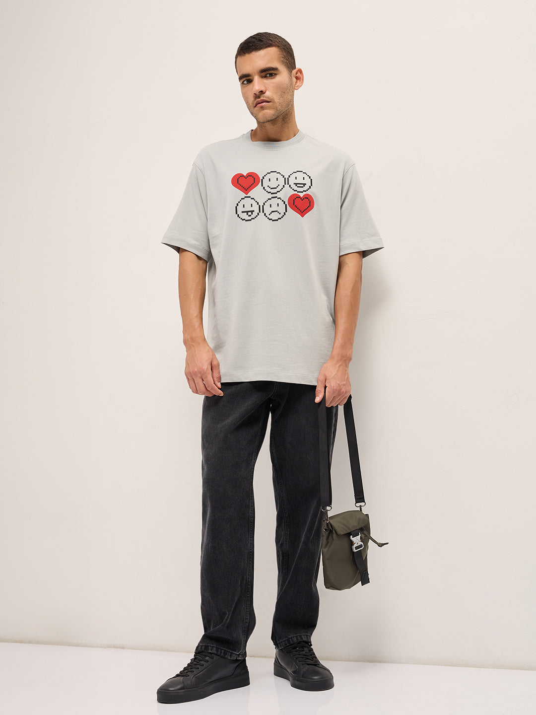 Men Grey Printed Oversized Crew Neck T-shirt