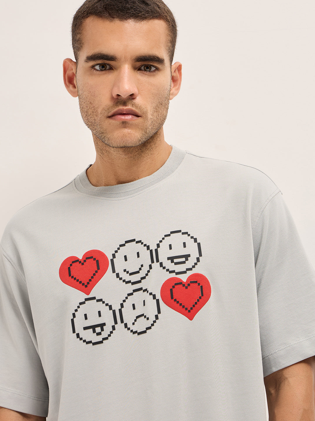 Men Grey Printed Oversized Crew Neck T-shirt