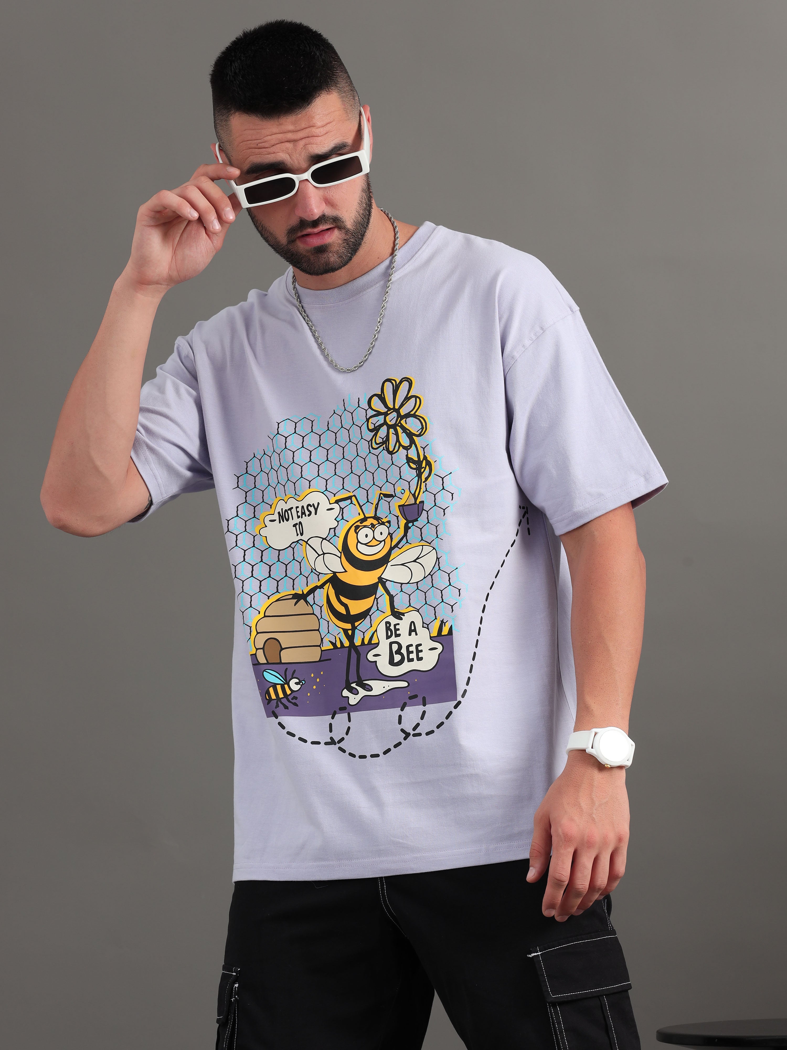 Men Bee Happy Lavender Oversized T-Shirt