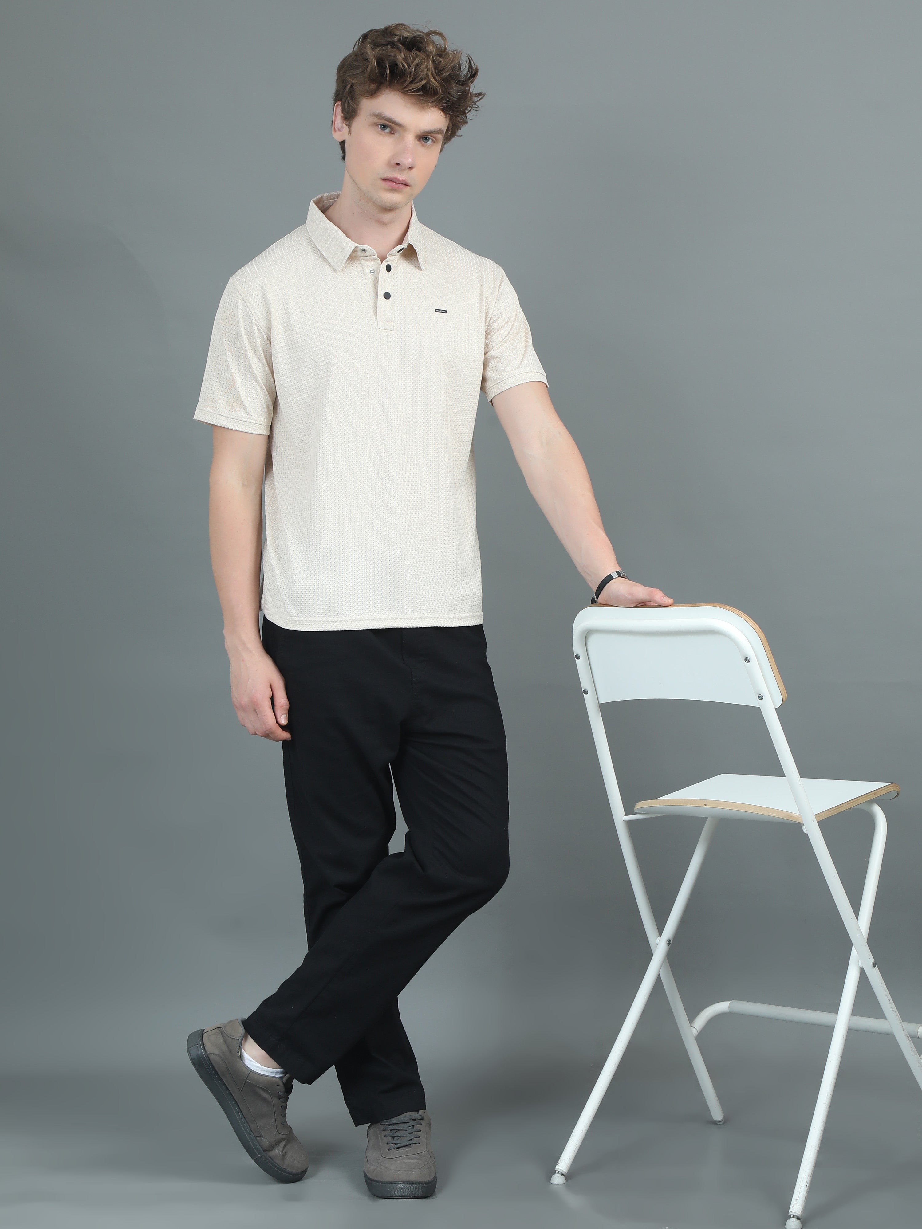Men Ripple Polo Beige T-Shirt