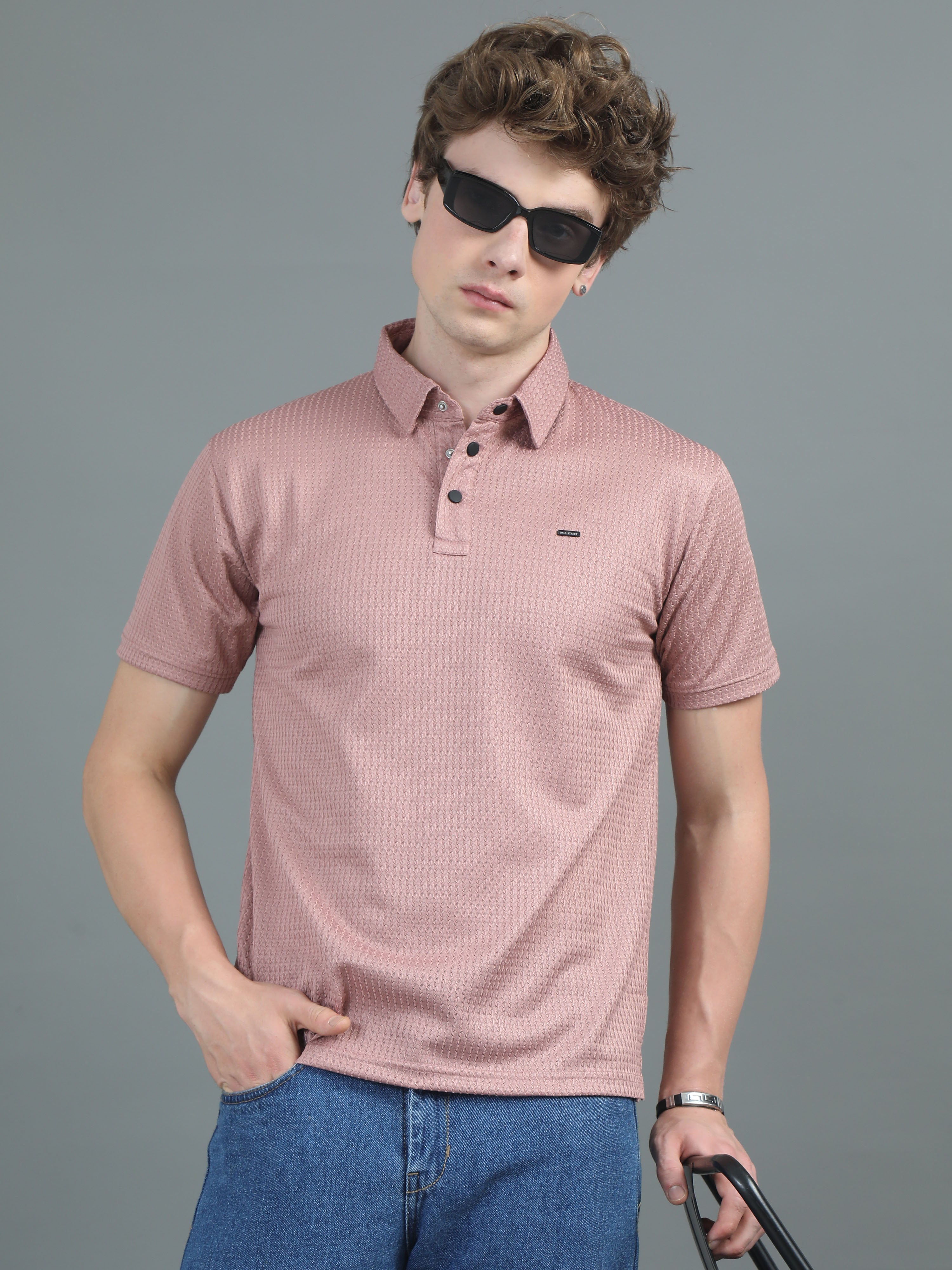 Men Ripple Polo Pink T-Shirt