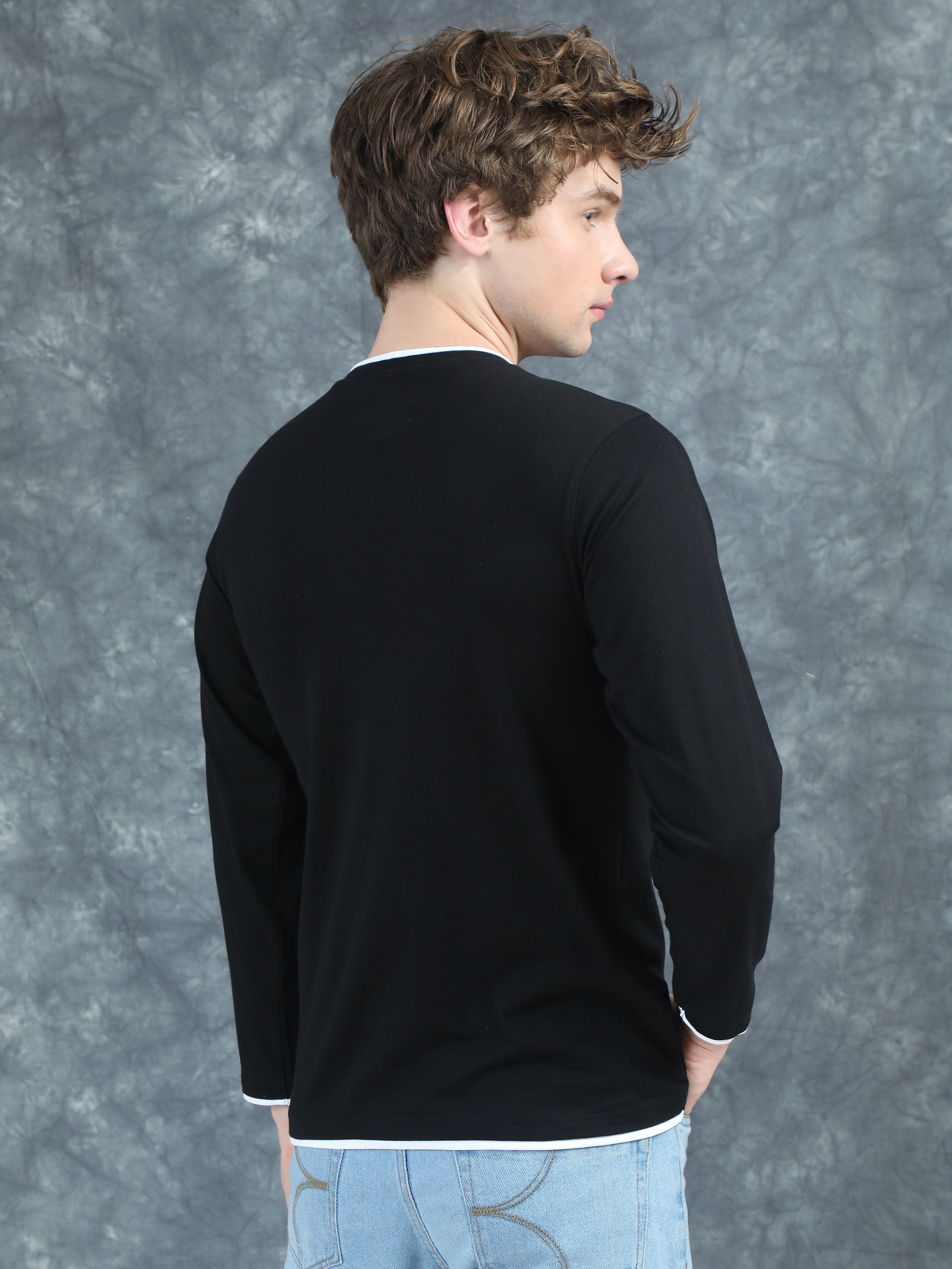 Men Piped Solid Black Full Sleeve T-Shirt