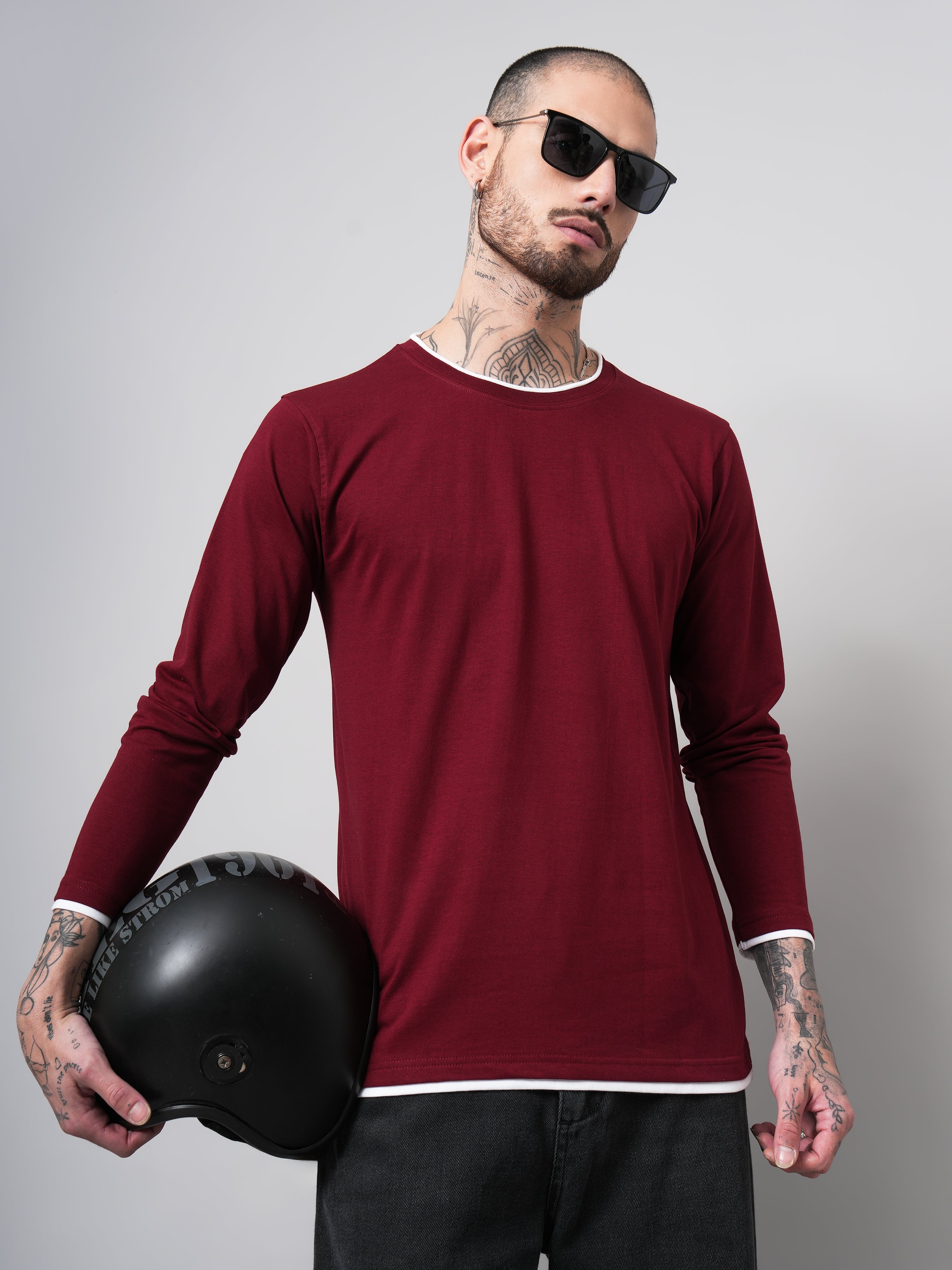 Men Piped Solid Full Sleeve Maroon T-Shirt