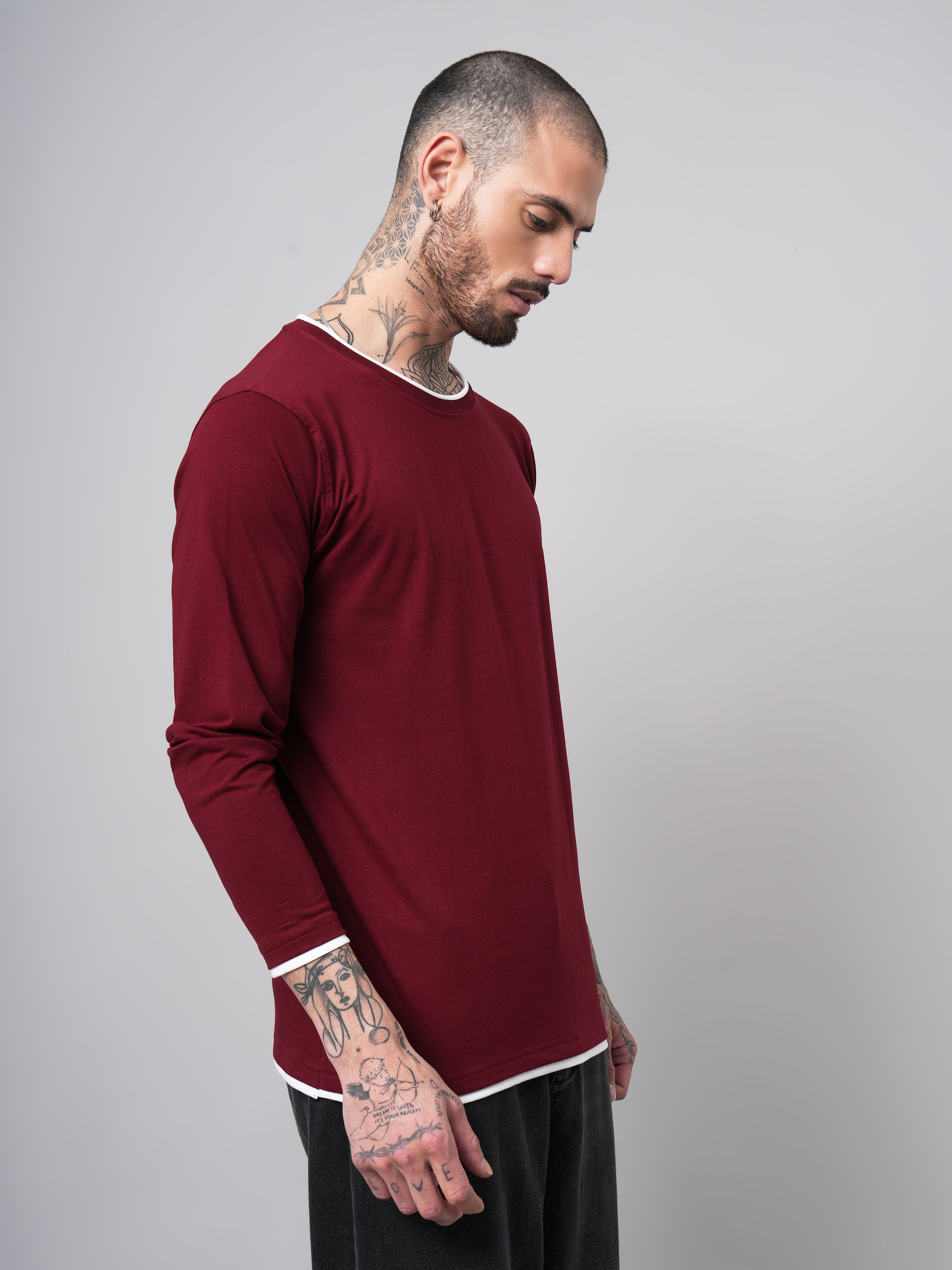 Men Piped Solid Full Sleeve Maroon T-Shirt