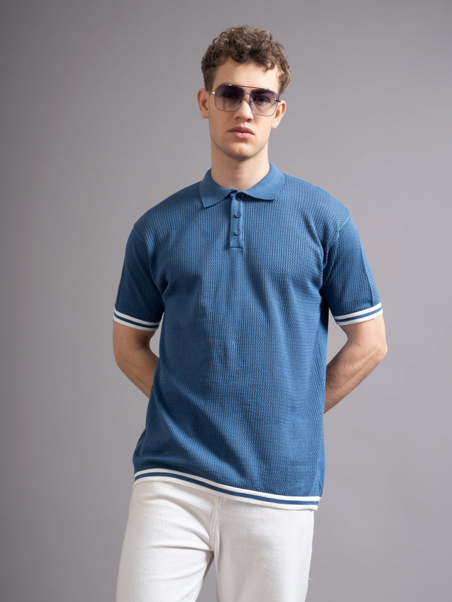 Men Eldor Blue Knit Polo T-Shirt