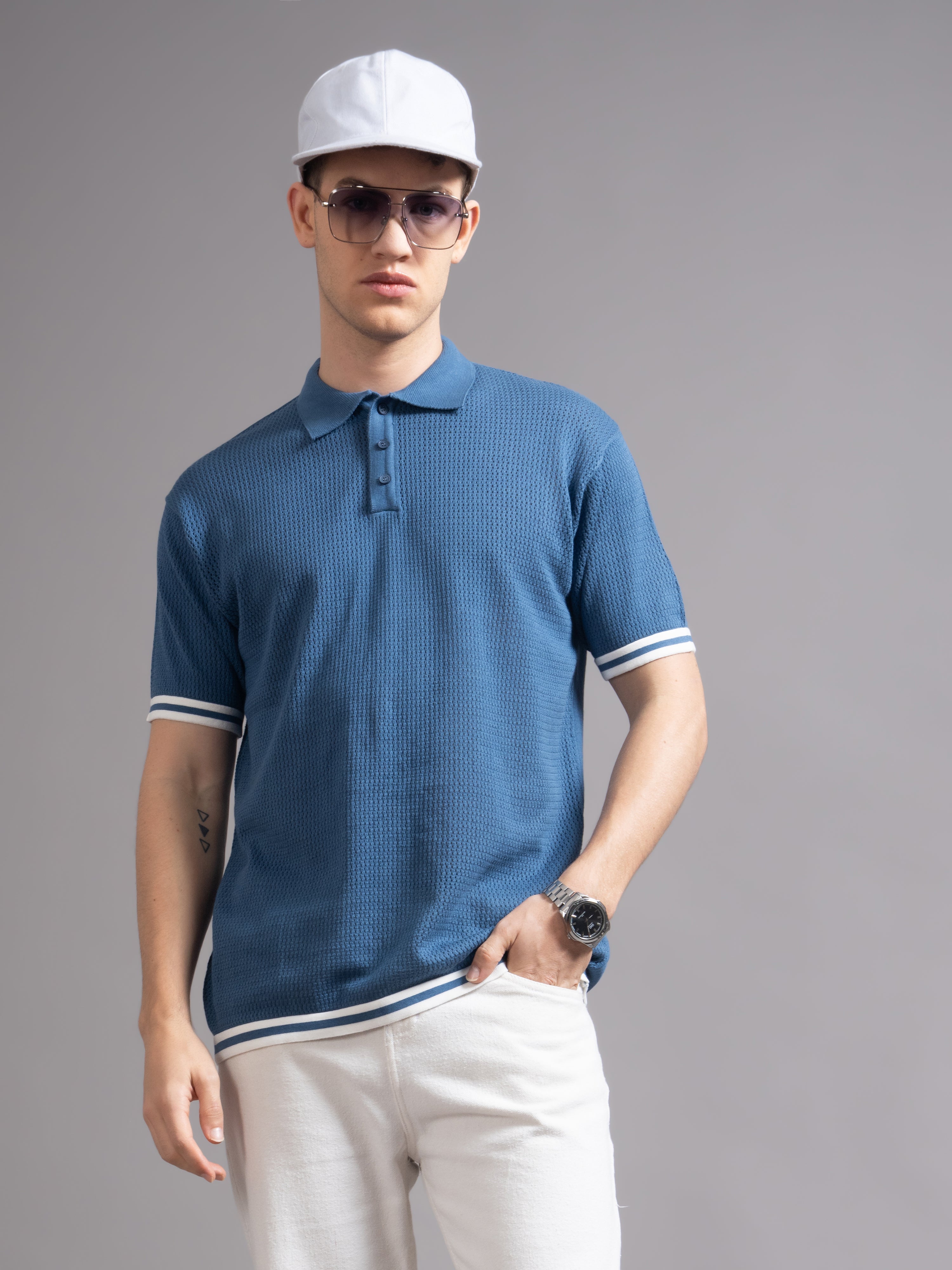 Men Eldor Blue Knit Polo T-Shirt