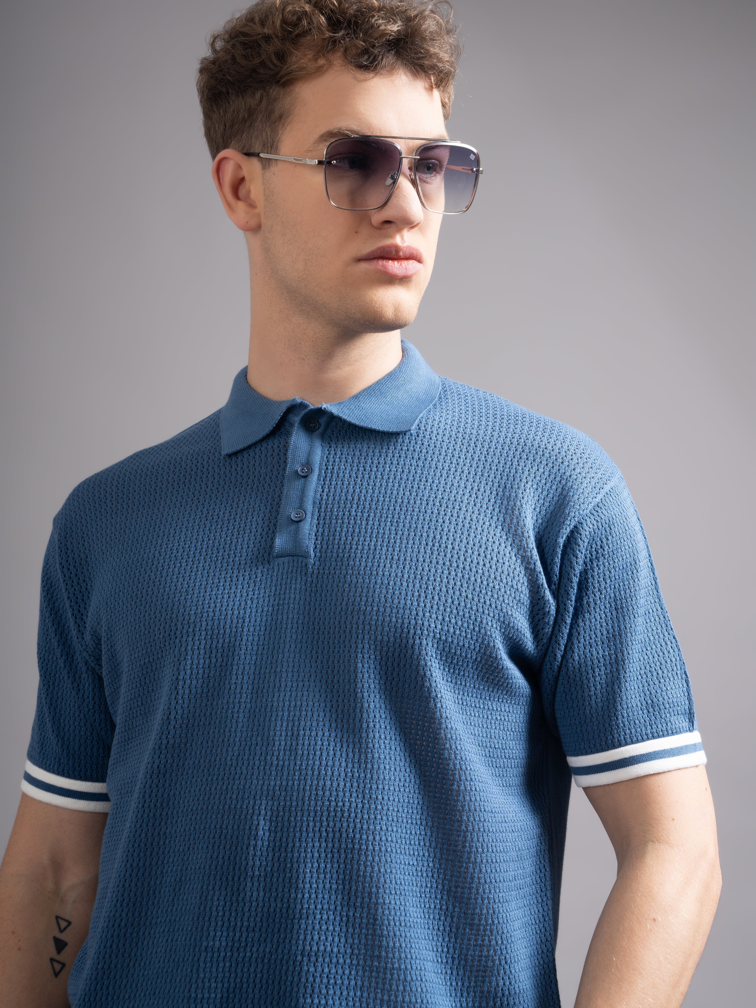 Men Eldor Blue Knit Polo T-Shirt