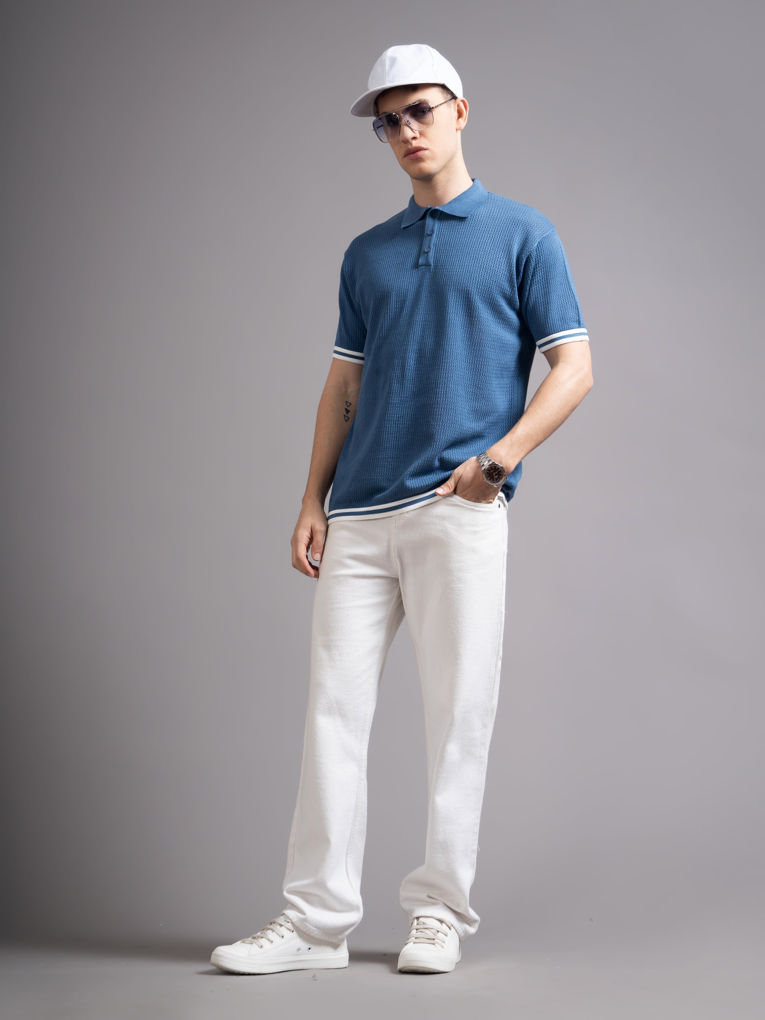 Men Eldor Blue Knit Polo T-Shirt