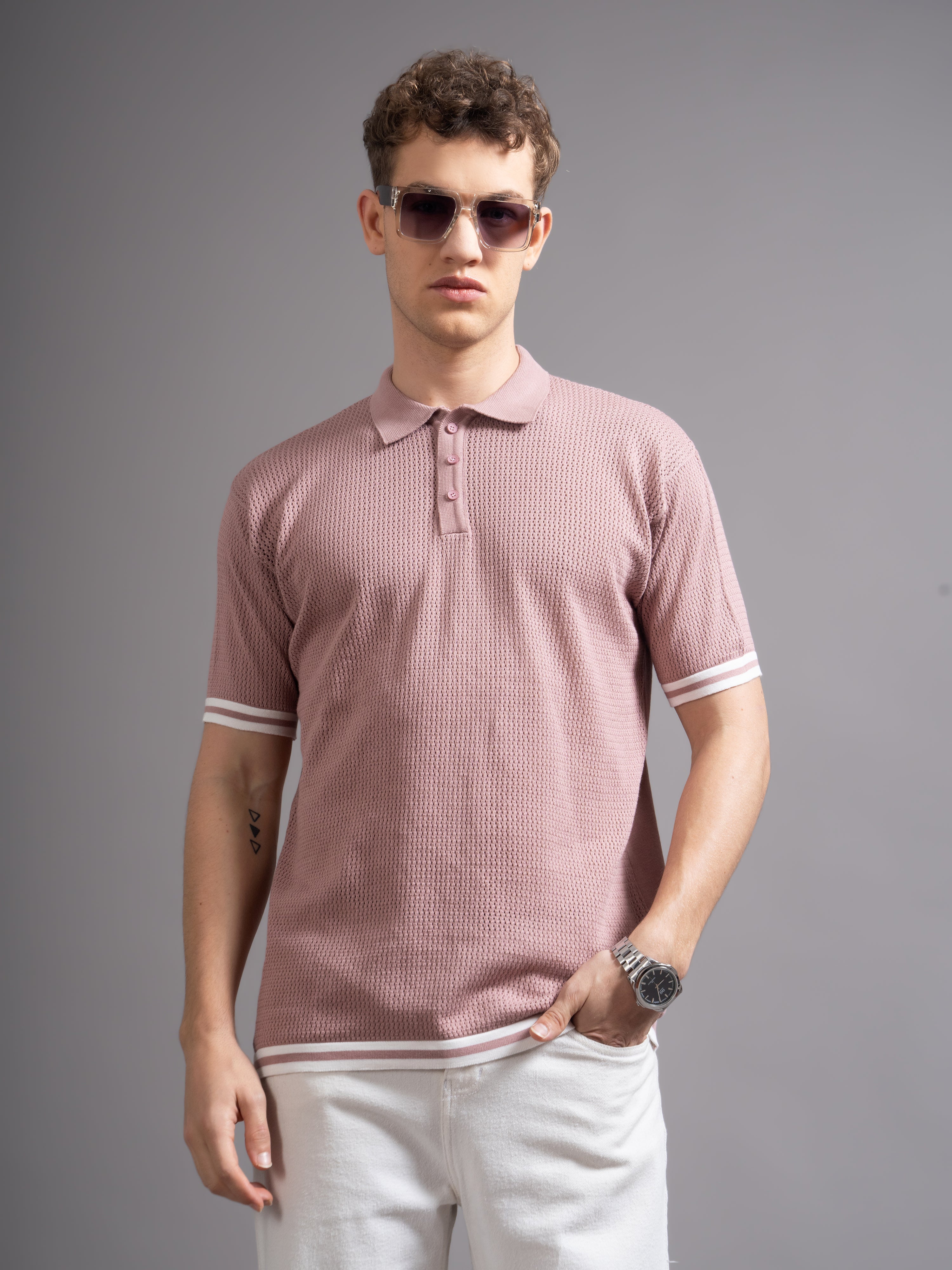 Men Eldor Pink Knit Polo T-Shirt