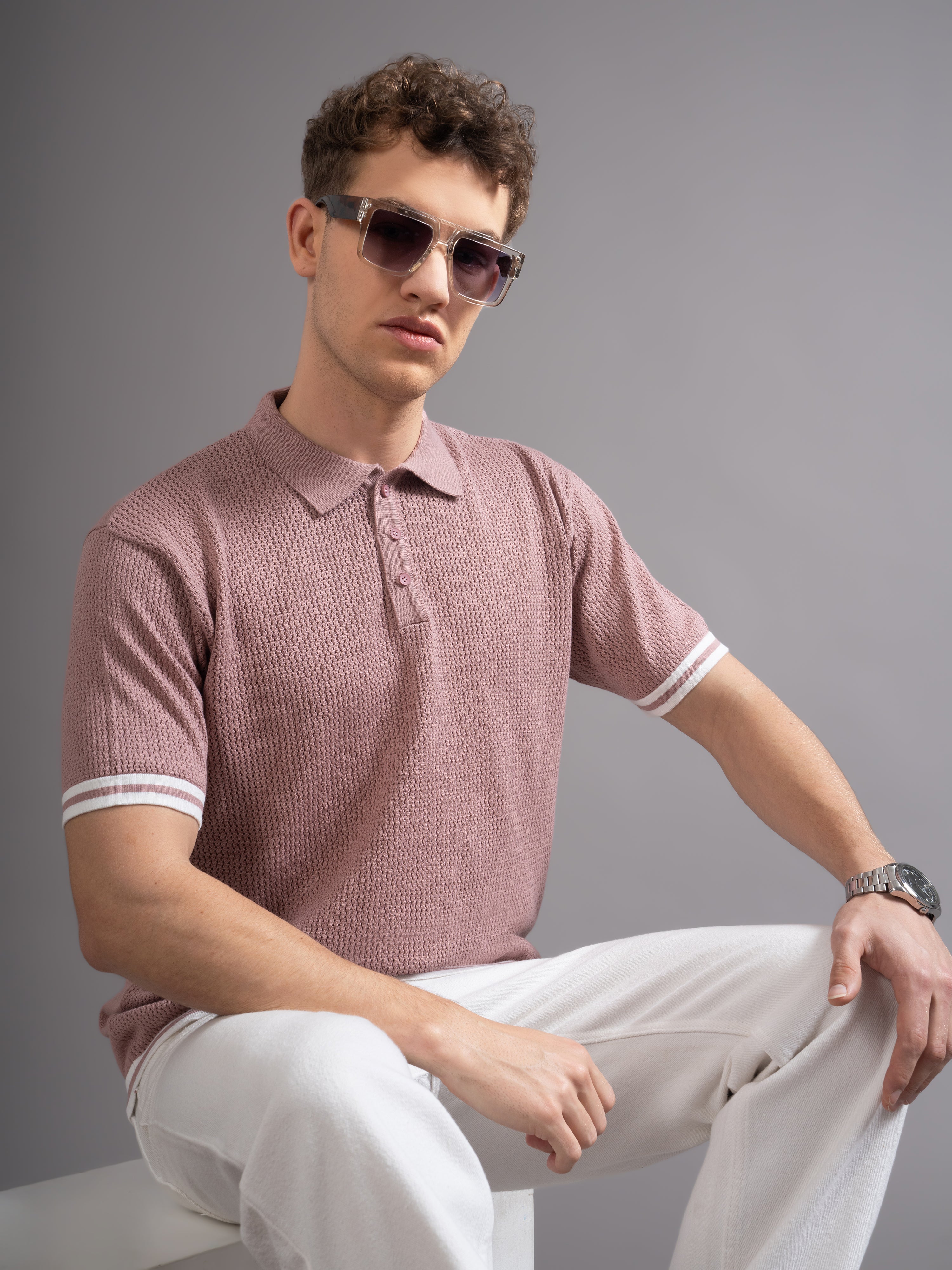 Men Eldor Pink Knit Polo T-Shirt