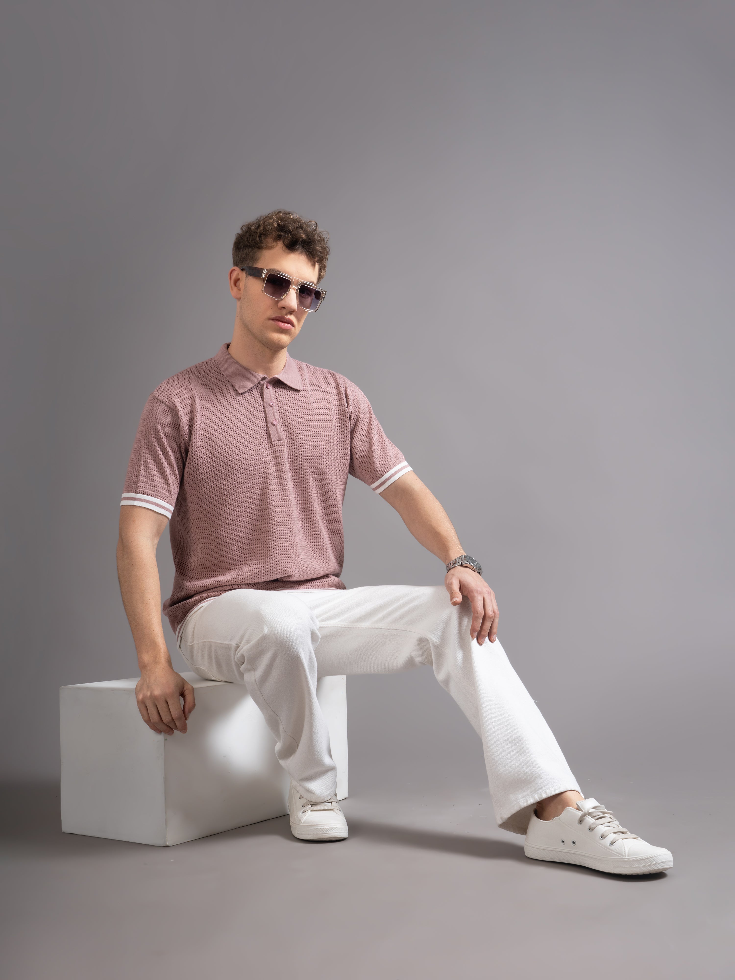 Men Eldor Pink Knit Polo T-Shirt