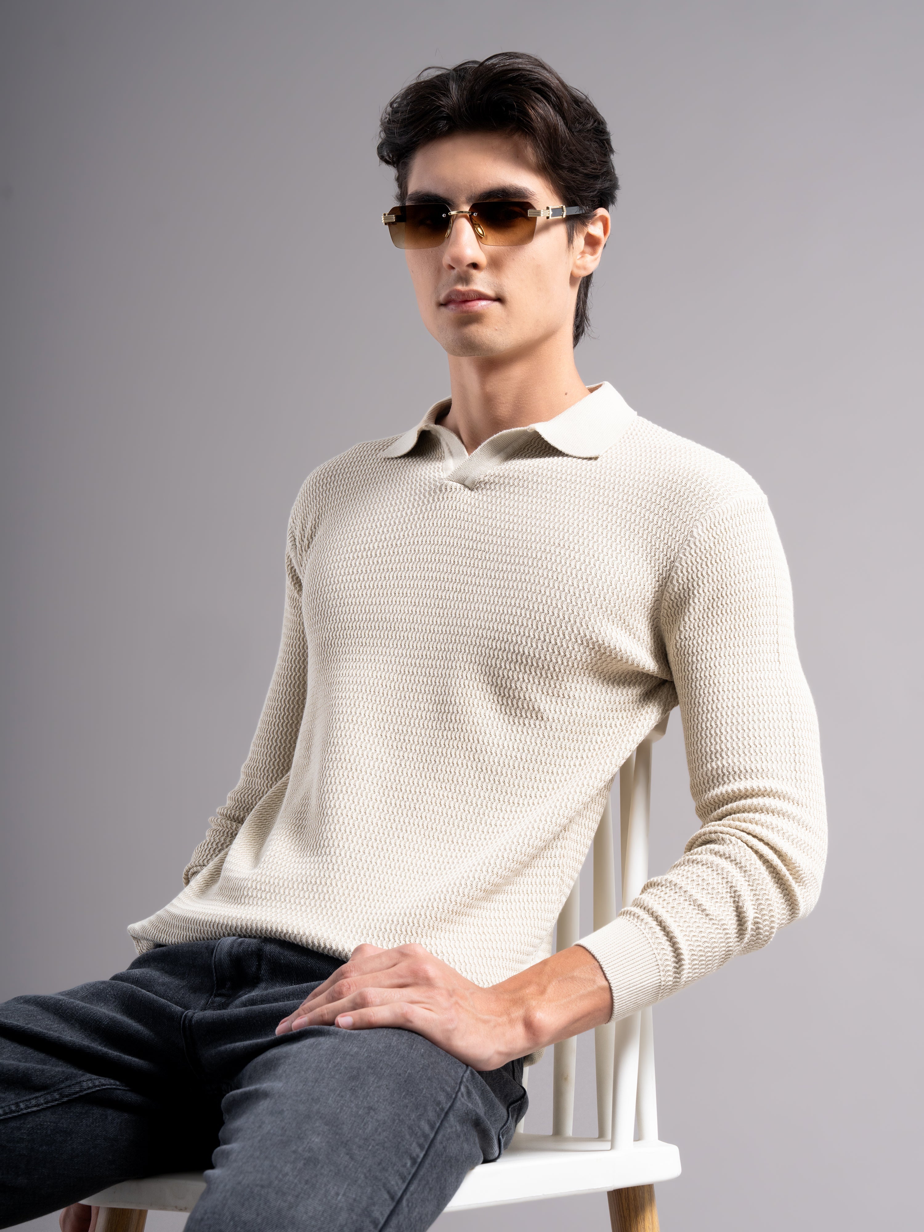 Men Arvion Beige Knit Polo T-Shirt