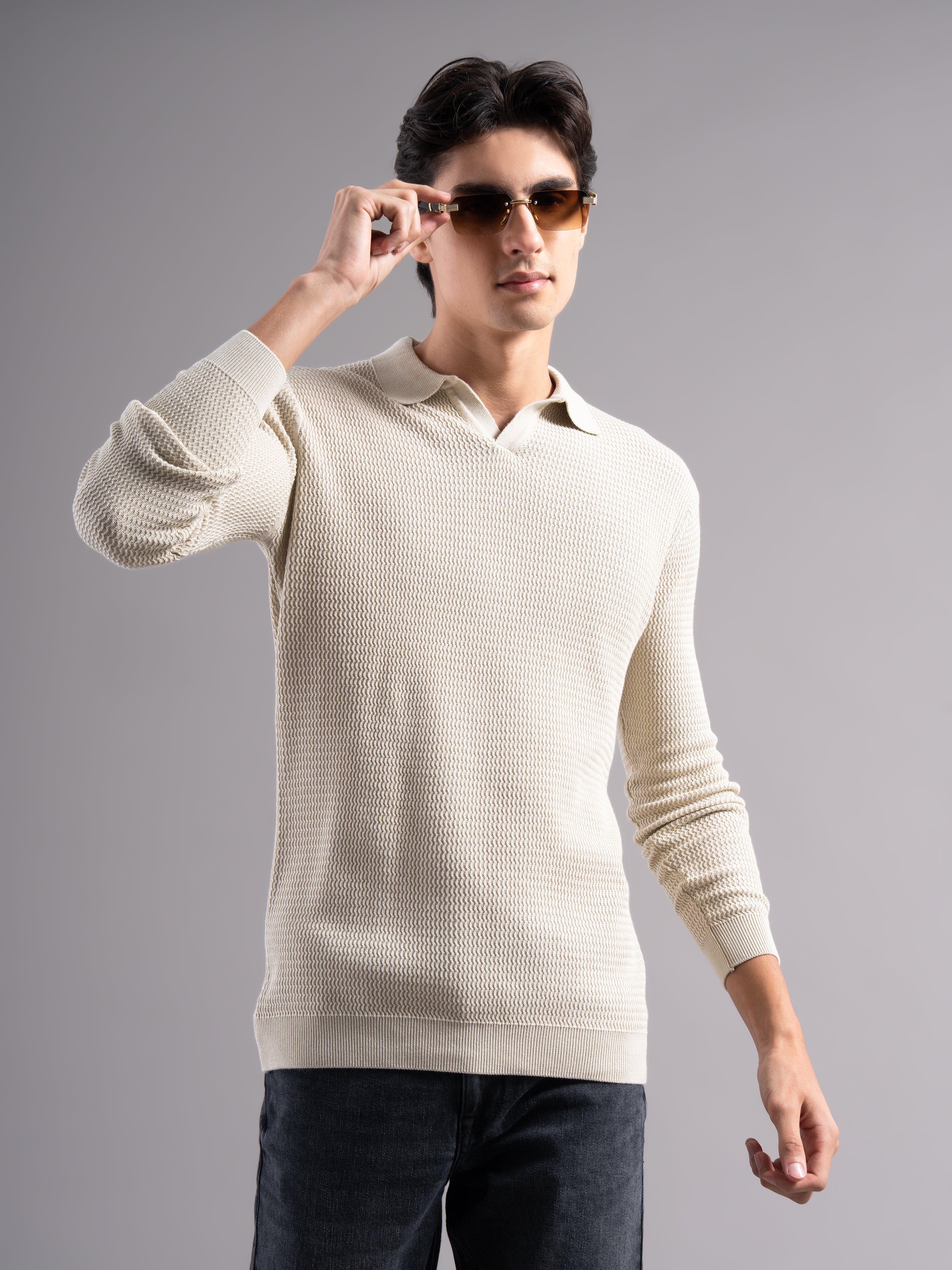 Men Arvion Beige Knit Polo T-Shirt