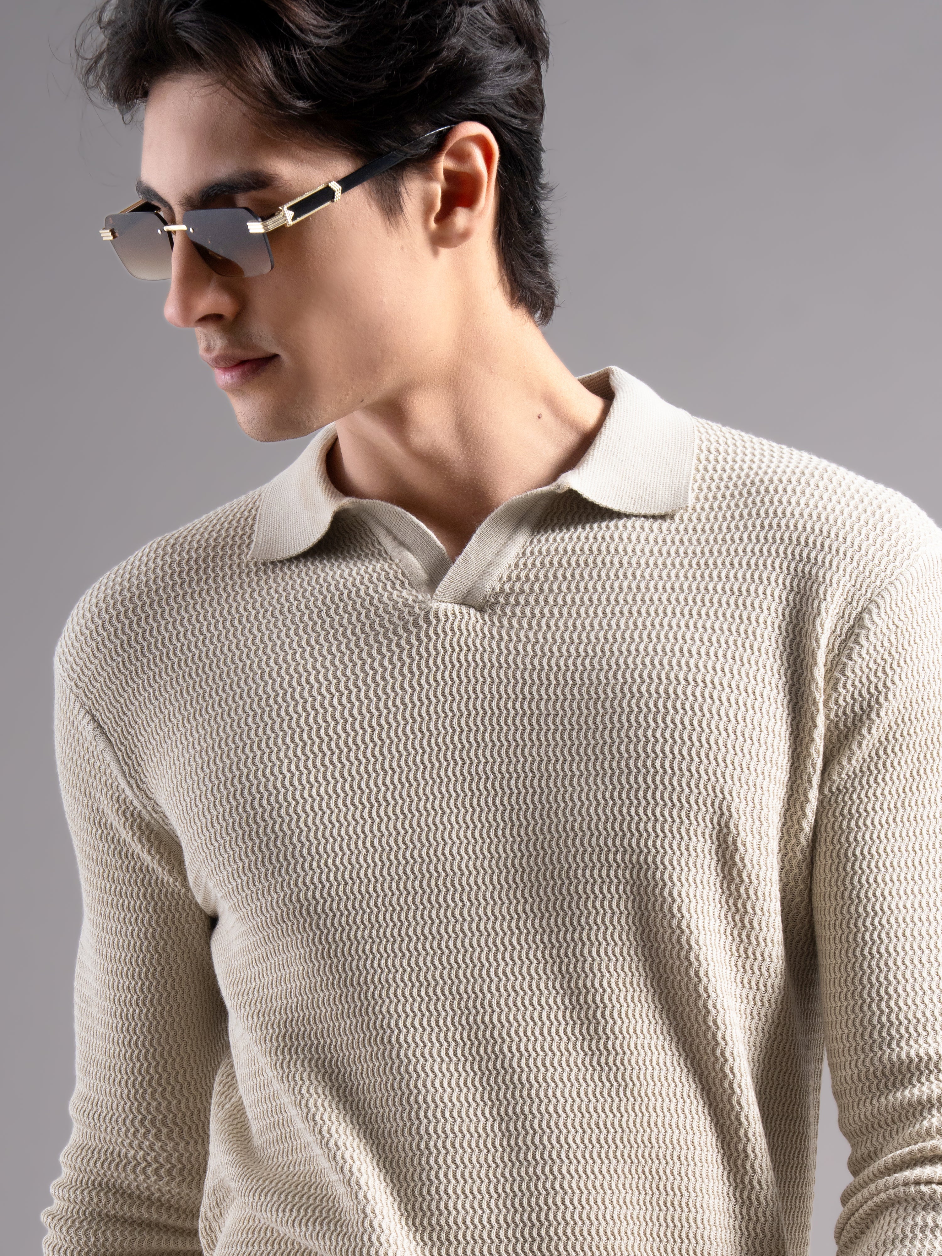 Men Arvion Beige Knit Polo T-Shirt