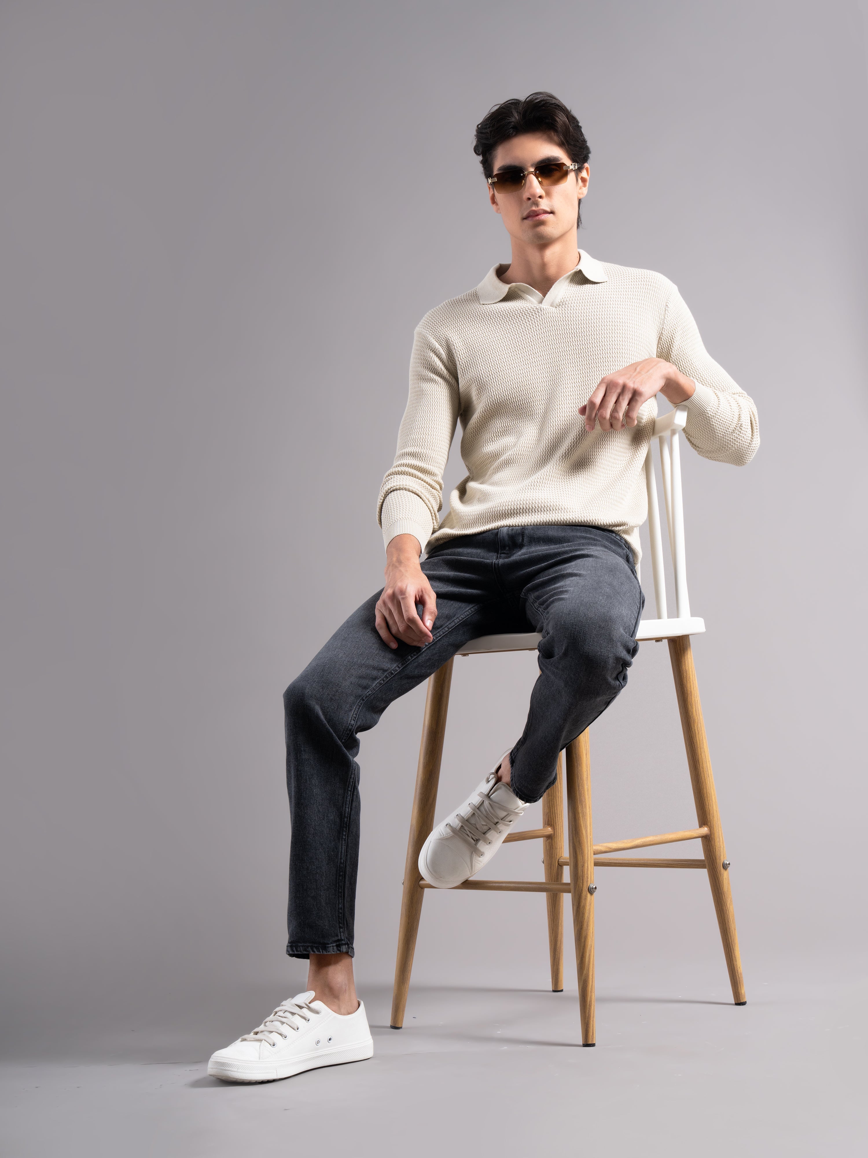 Men Arvion Beige Knit Polo T-Shirt