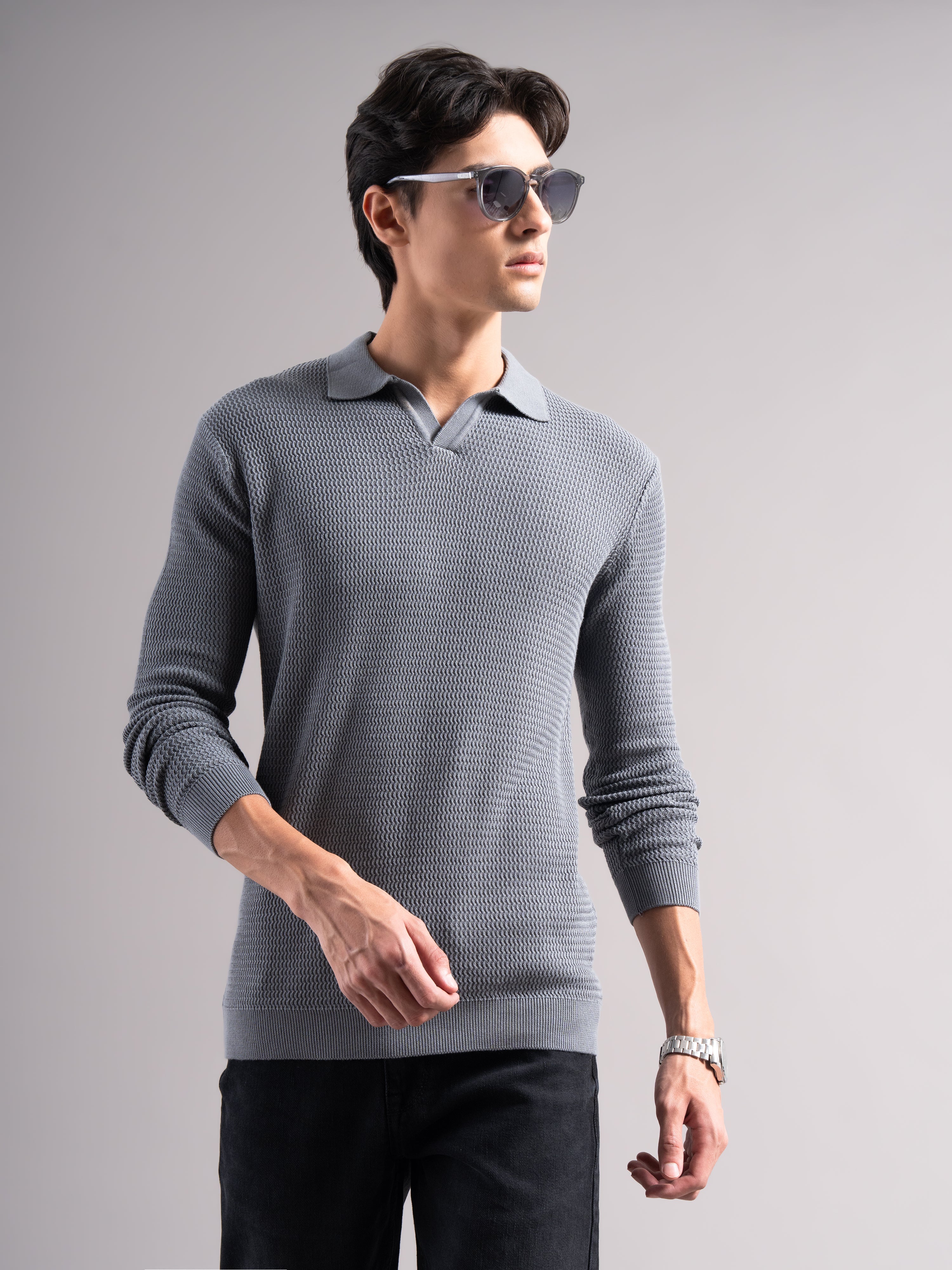 Men Arvion Grey Knit Polo T-Shirt