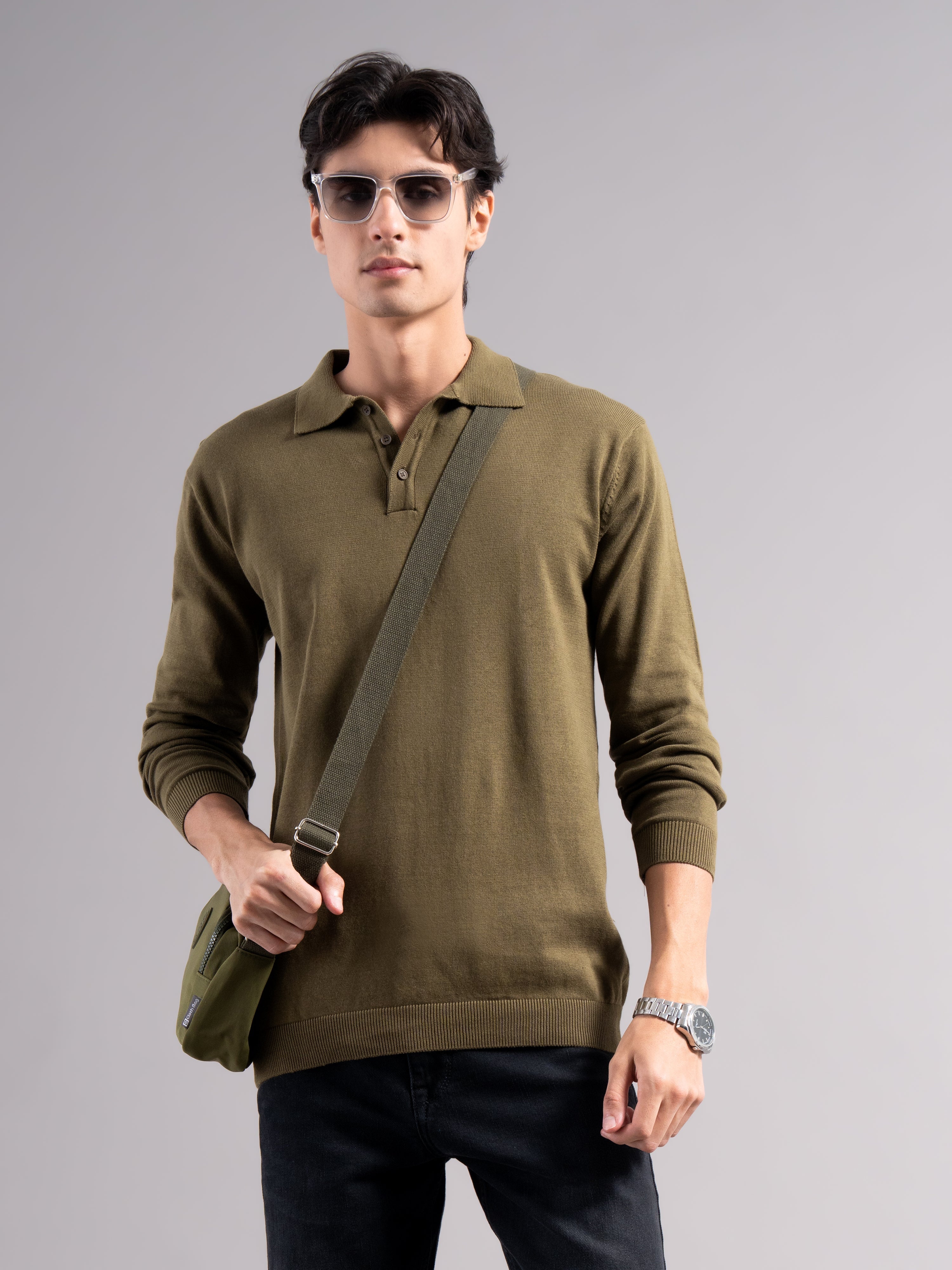 Men Arven Olive Knit Polo T-Shirt