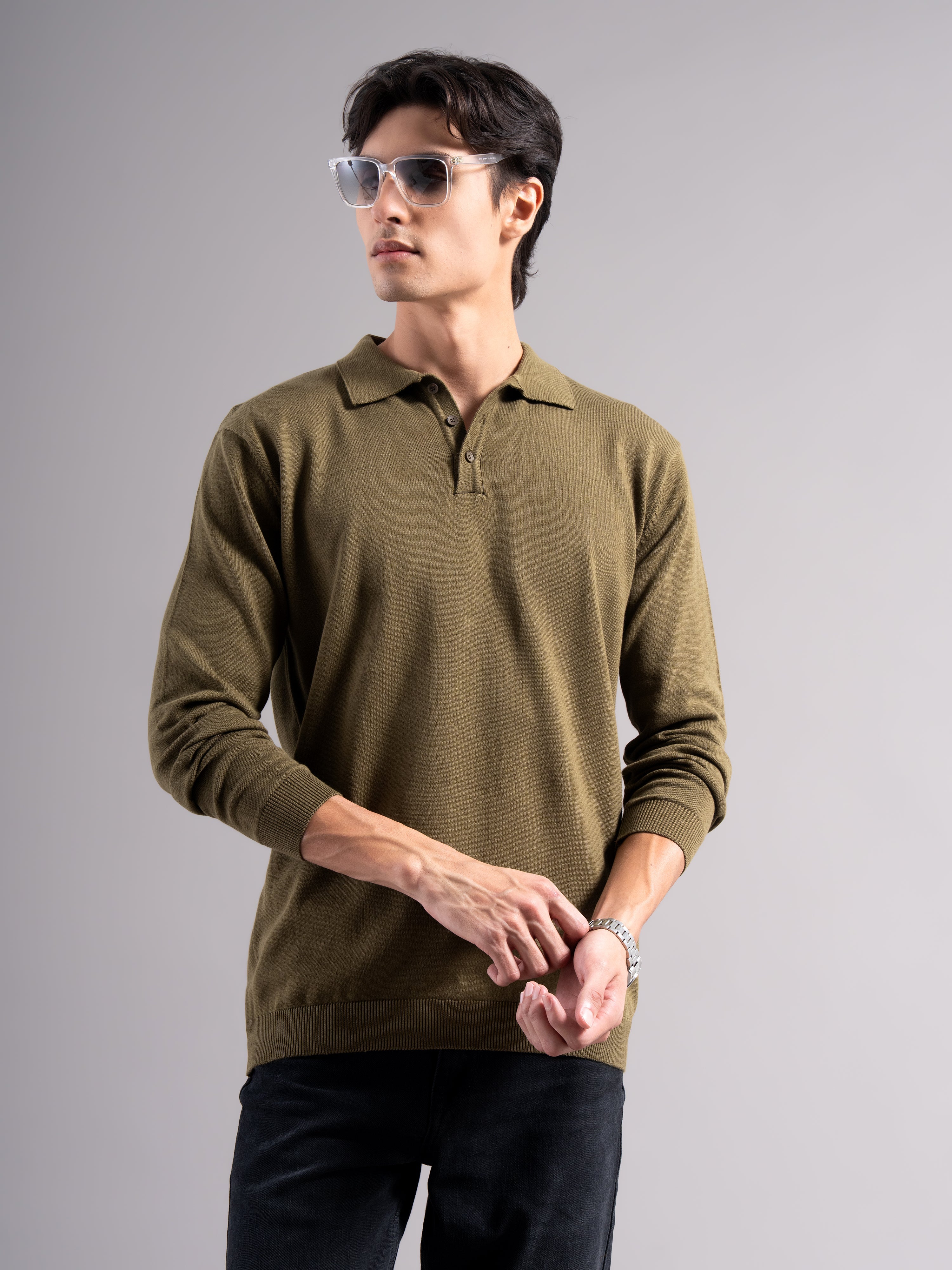 Men Arven Olive Knit Polo T-Shirt