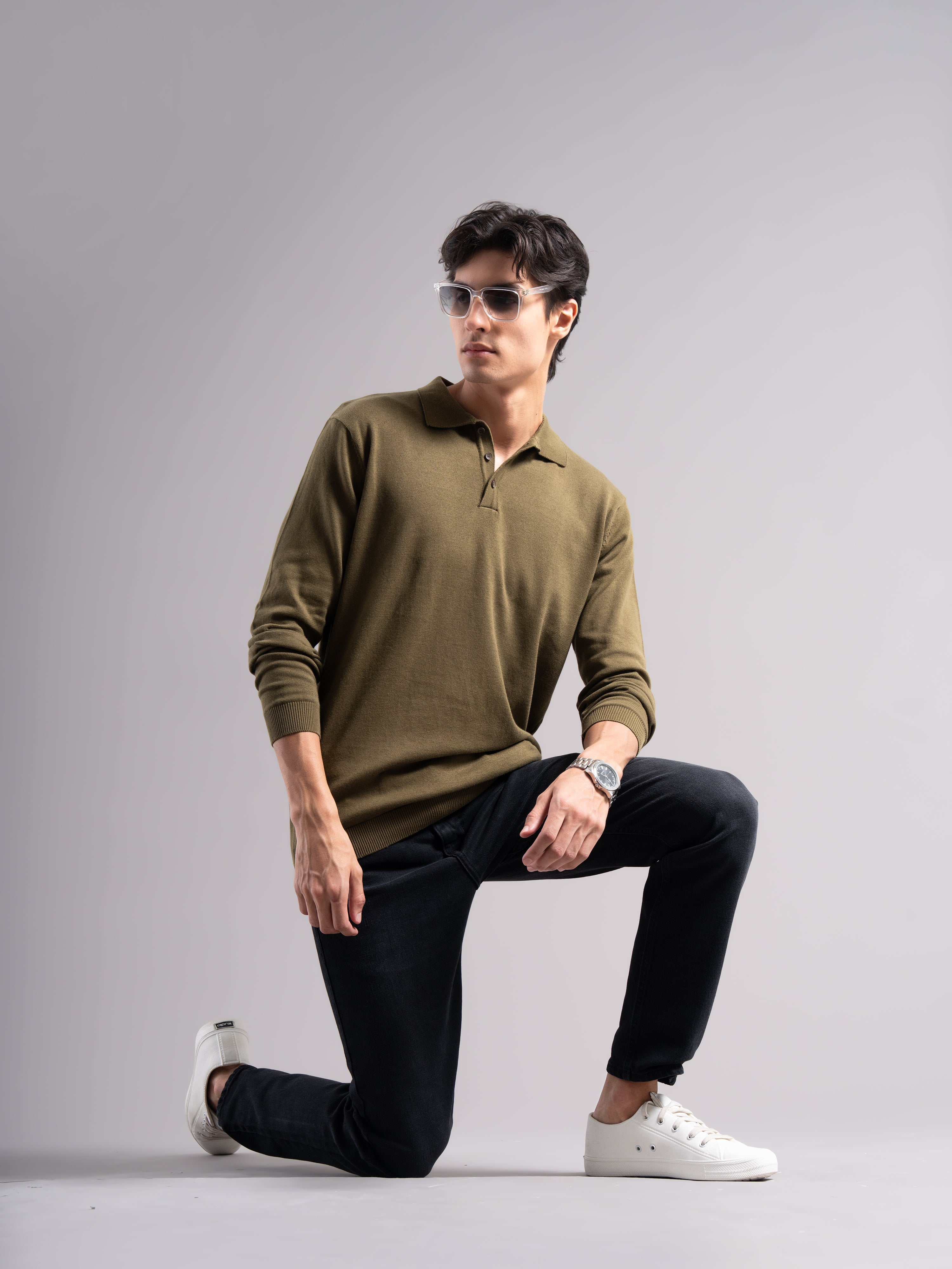 Men Arven Olive Knit Polo T-Shirt
