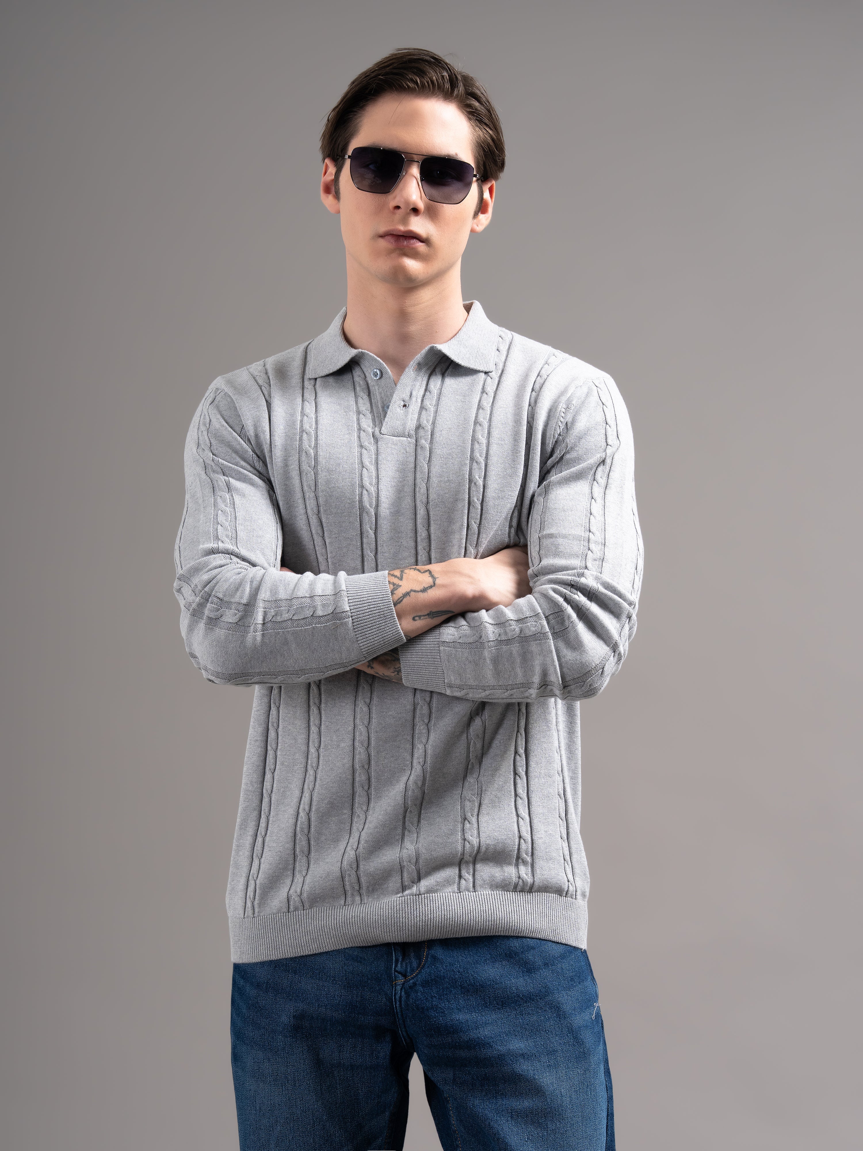 Men Cable Knit Polo T-Shirt