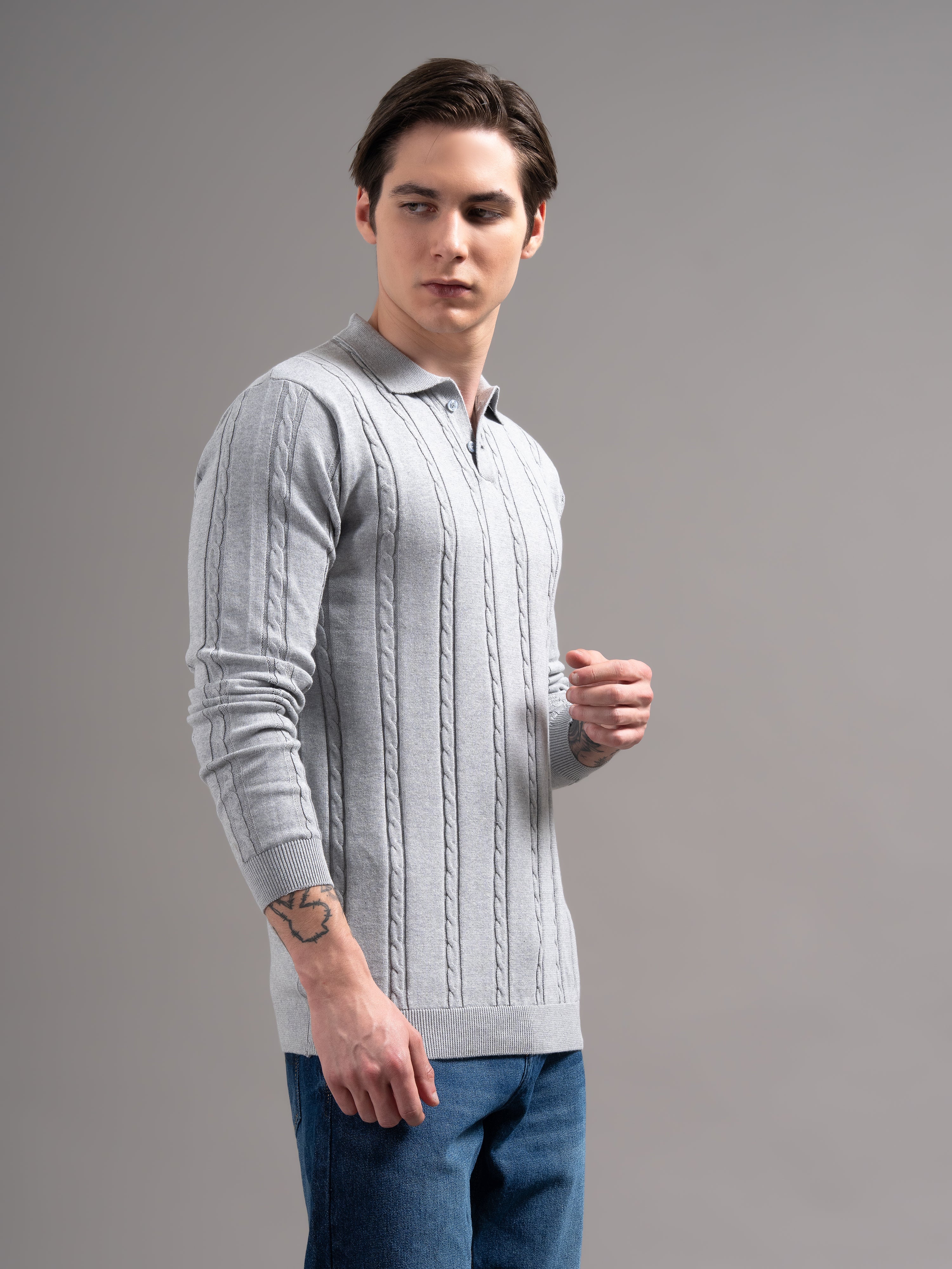 Men Cable Knit Polo T-Shirt