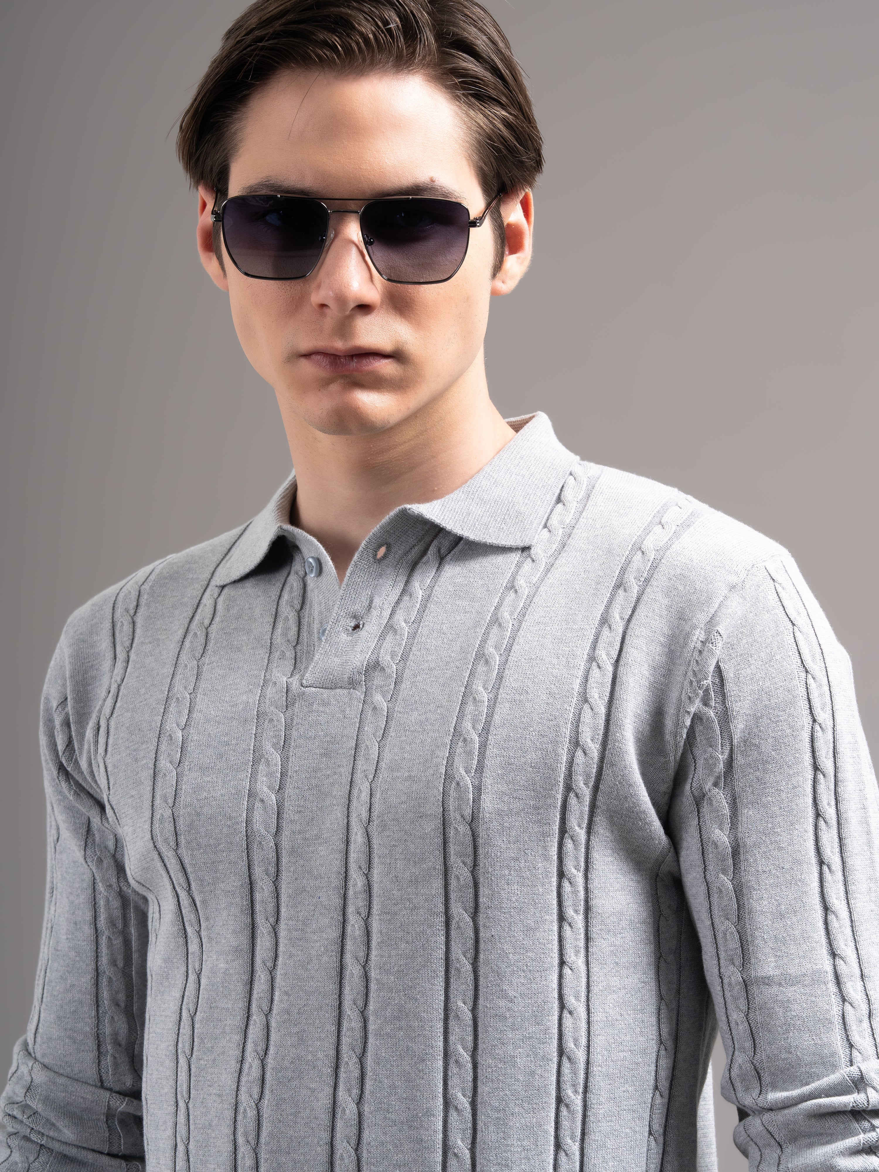 Men Cable Knit Polo T-Shirt