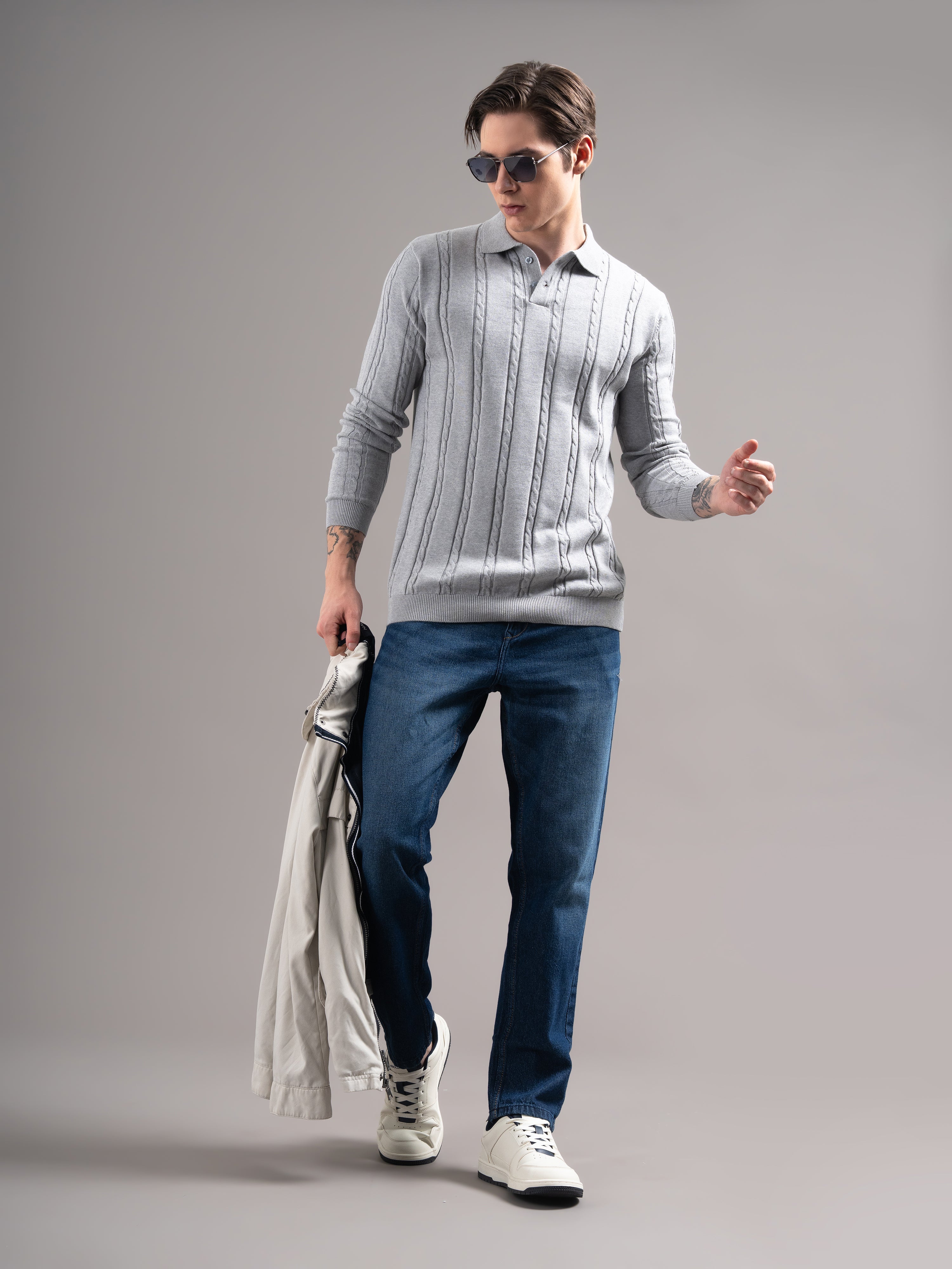 Men Cable Knit Polo T-Shirt