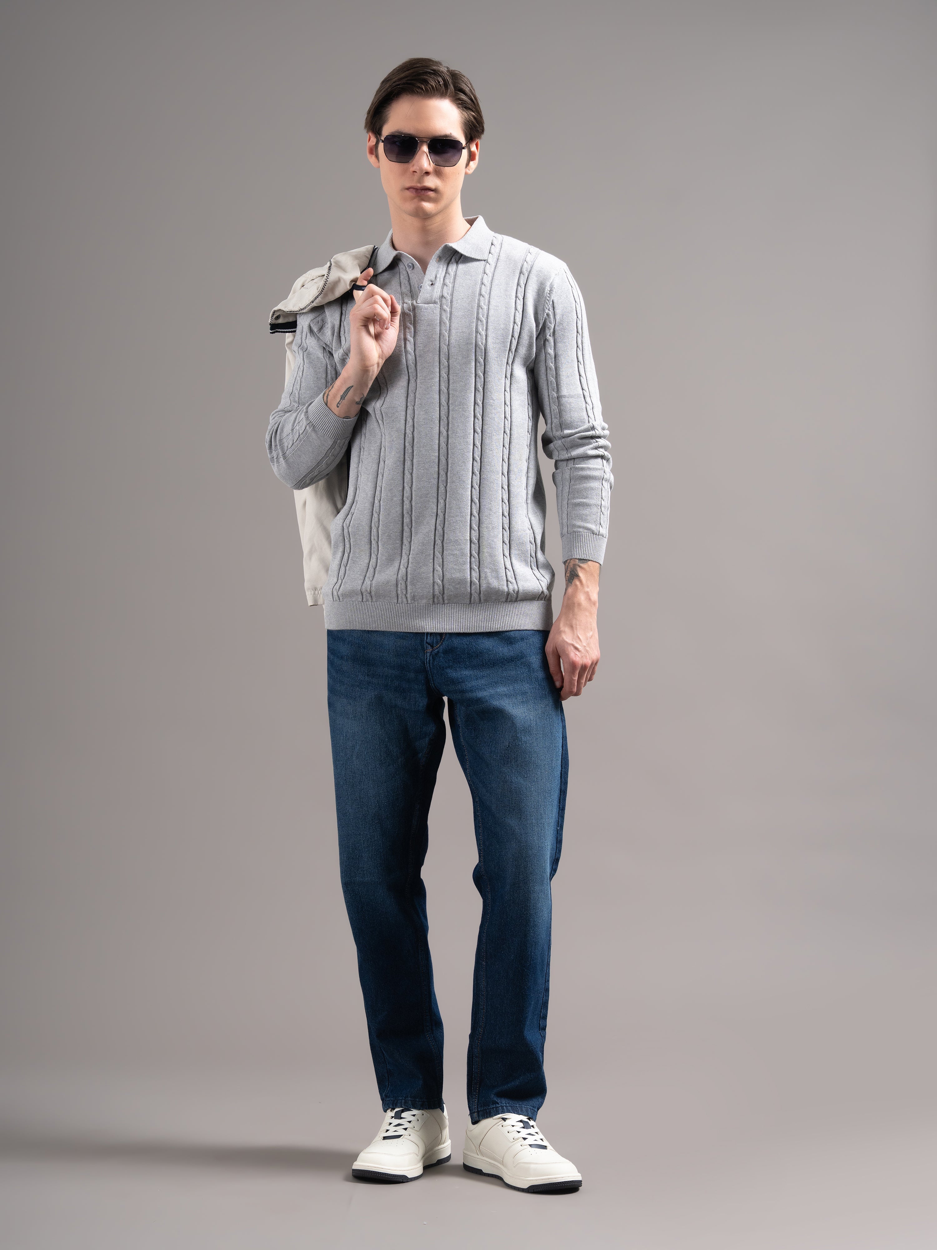 Men Cable Knit Polo T-Shirt